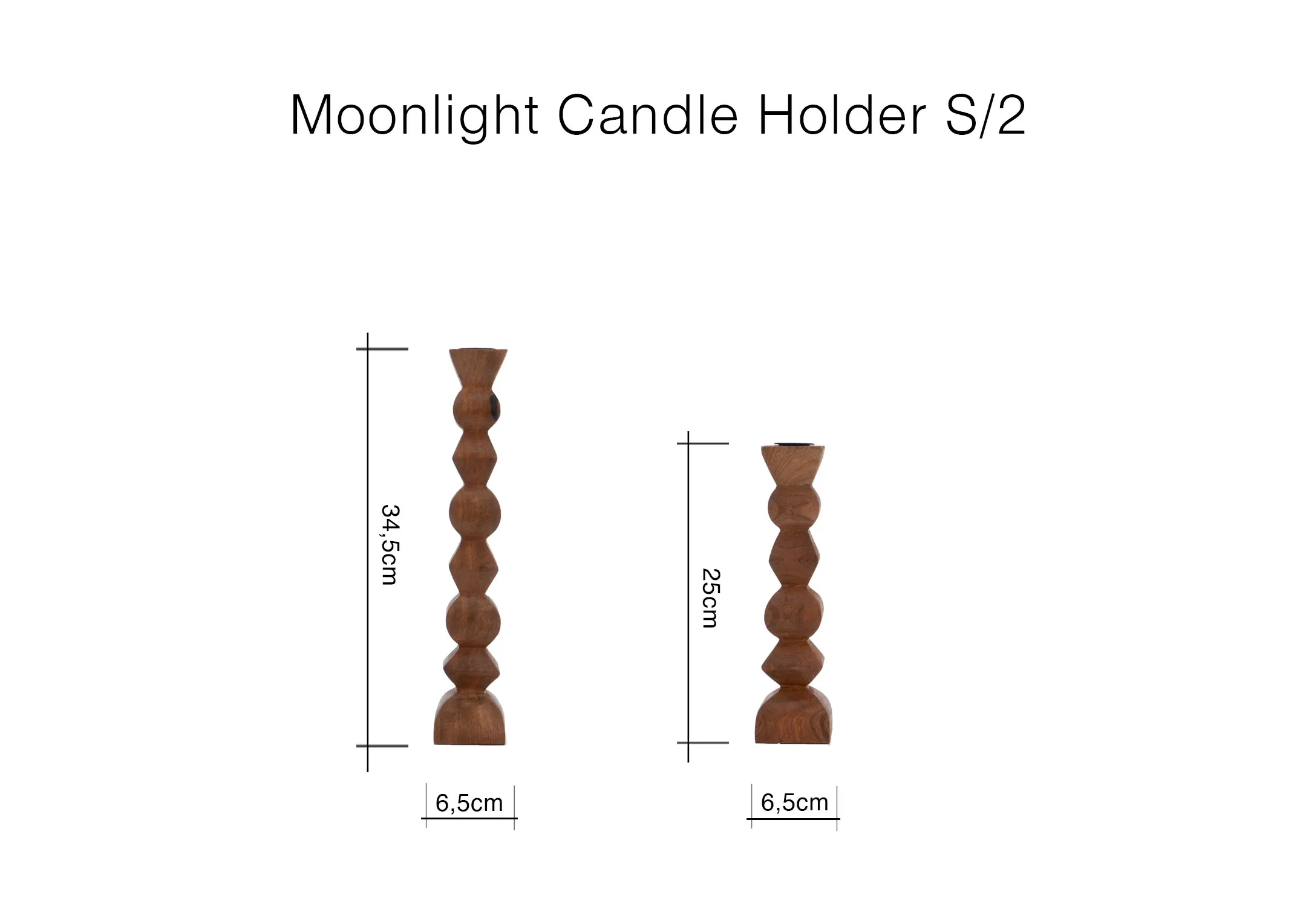 A dimension image of the Moonlight Candle holders with 6.5cm x 25cm- 34.5cm