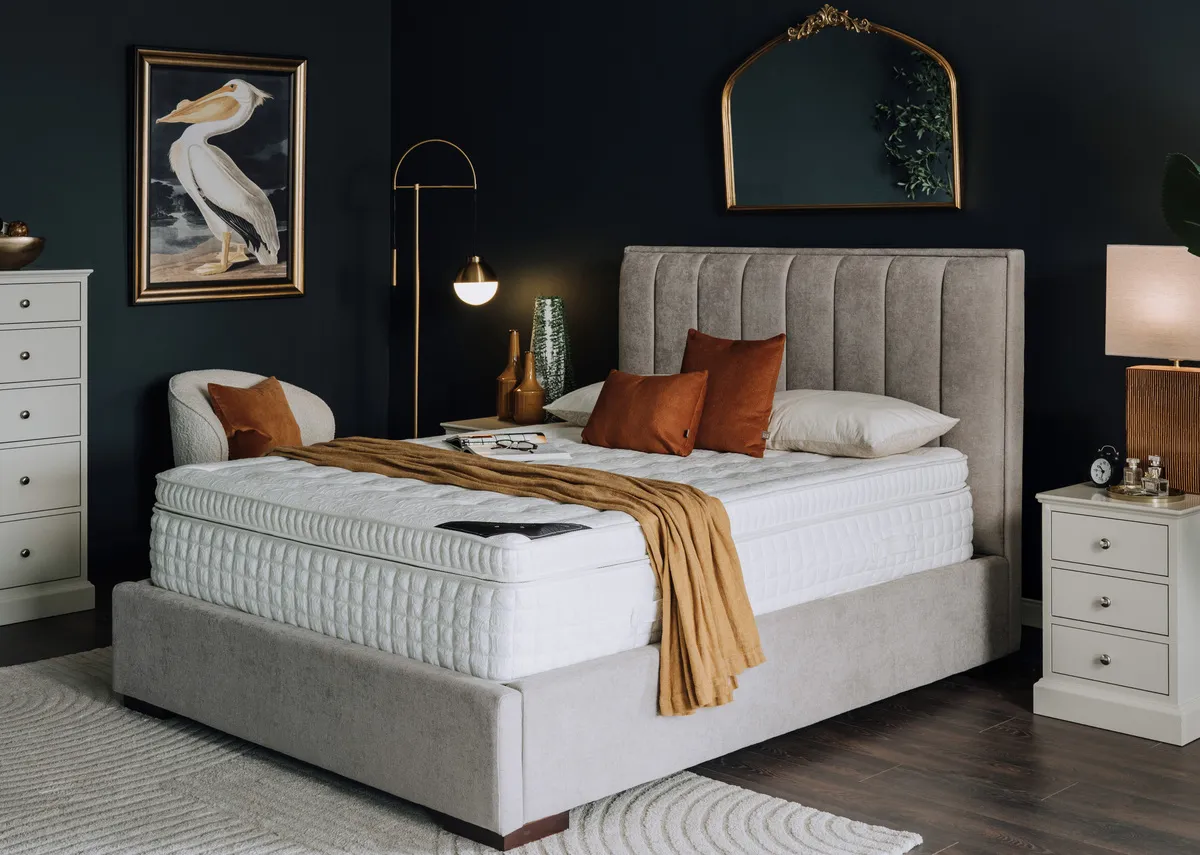 A lifestyle image of the Legacy mattress with the Liberty bed and Pelican print.