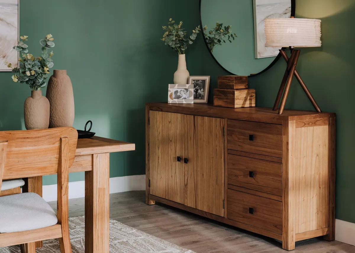 A lifetsyle image of the Outback sideboard with elling mirror and Coolrain lamp.