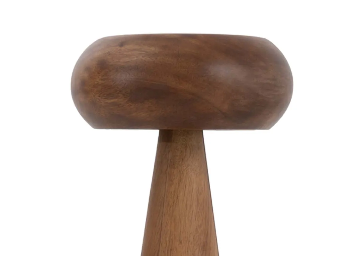 A mushroom shaped table lamp crafted from wood.  Closeup of wood shade
