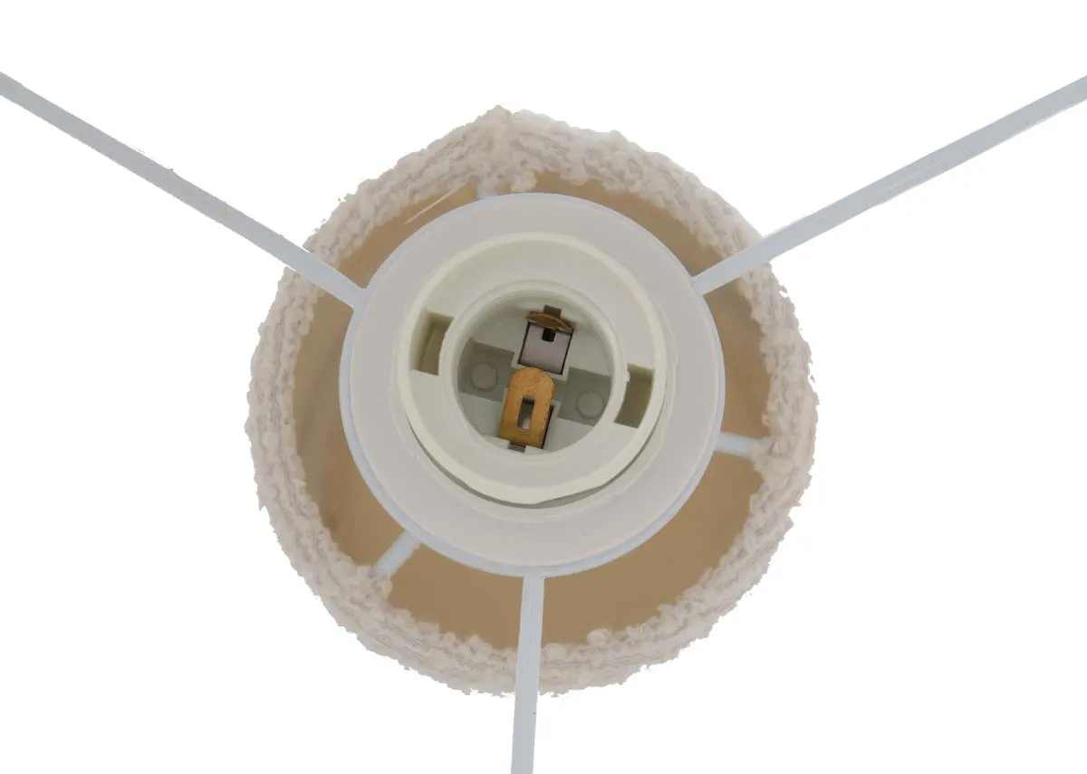 A white table lamp with boucle shade from EZ Livings Tullow range.Closeup of lamp holder.