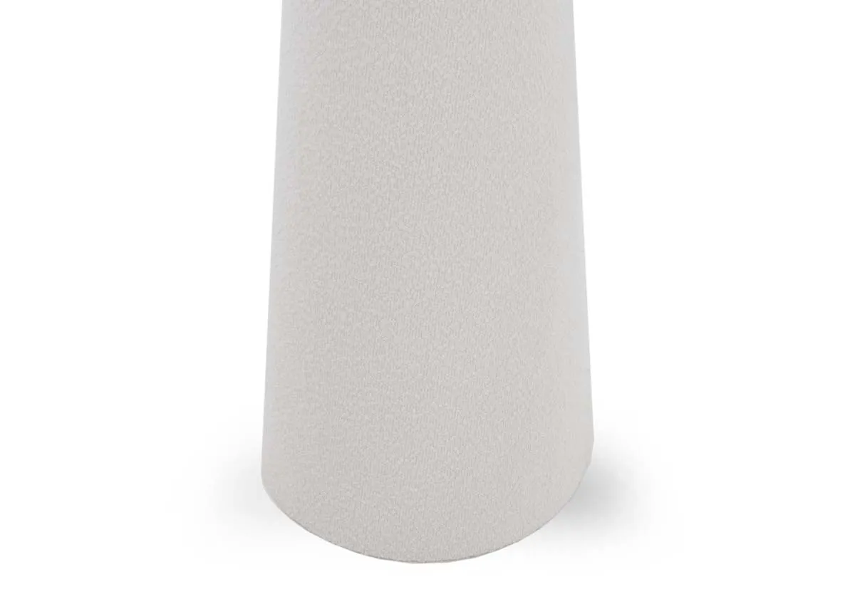 A white table lamp with boucle shade from EZ Livings Tullow range. Closeup of base.