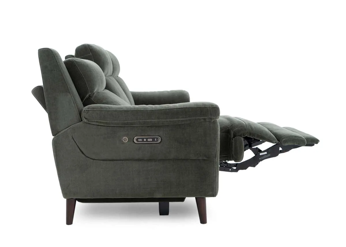 A 3 seater green fabric power reclining sofa from EZ Livings Elliot range. Side view of sofa recliend