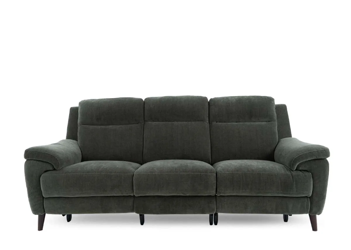 A 3 seater green fabric power reclining sofa from EZ Livings Elliot range. Front view