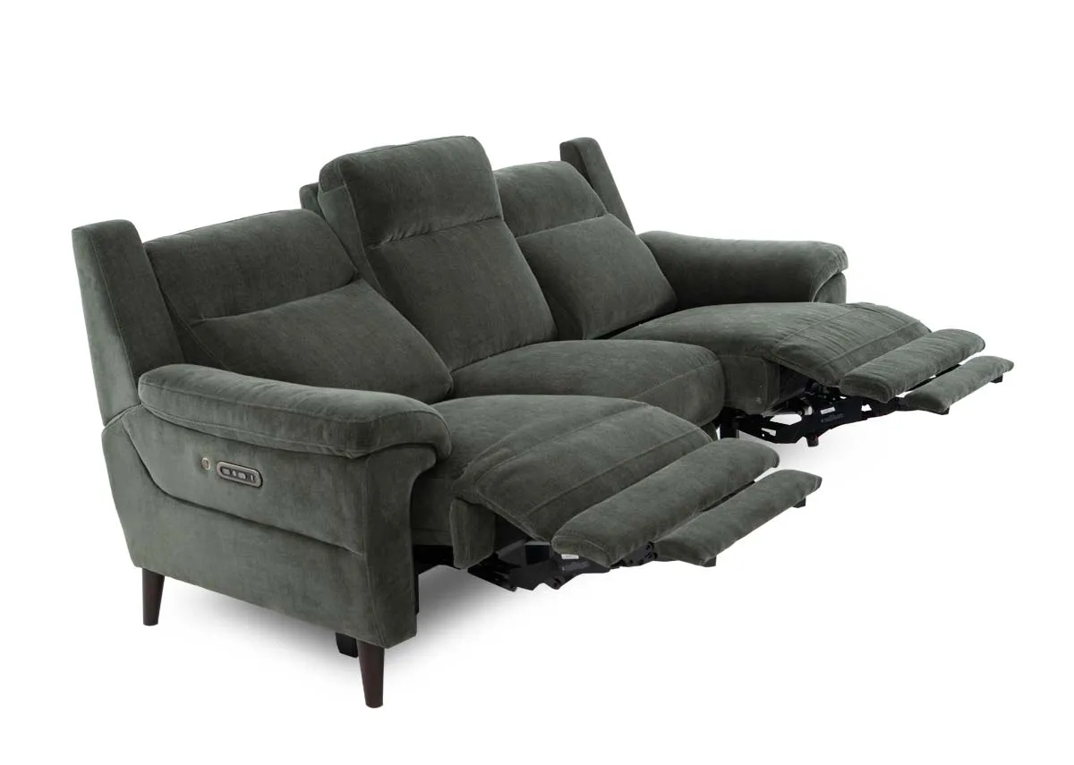 A 3 seater green fabric power reclining sofa from EZ Livings Elliot range. Angled view of sofa reclined