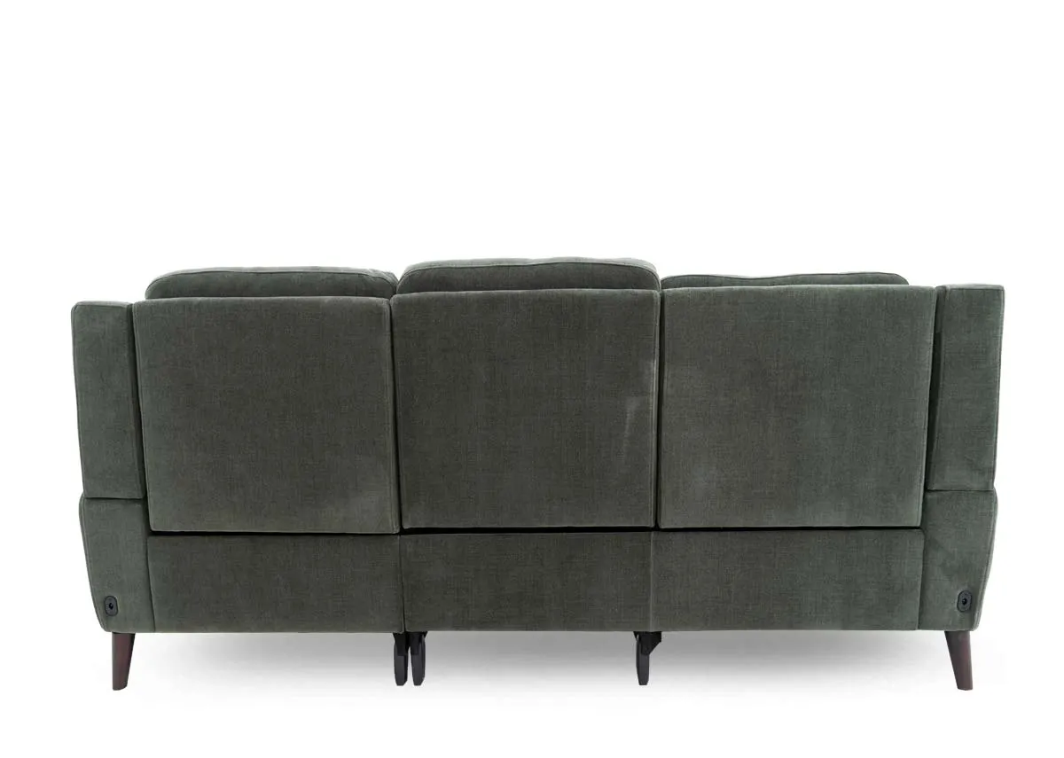 A 3 seater green fabric power reclining sofa from EZ Livings Elliot range. Back view