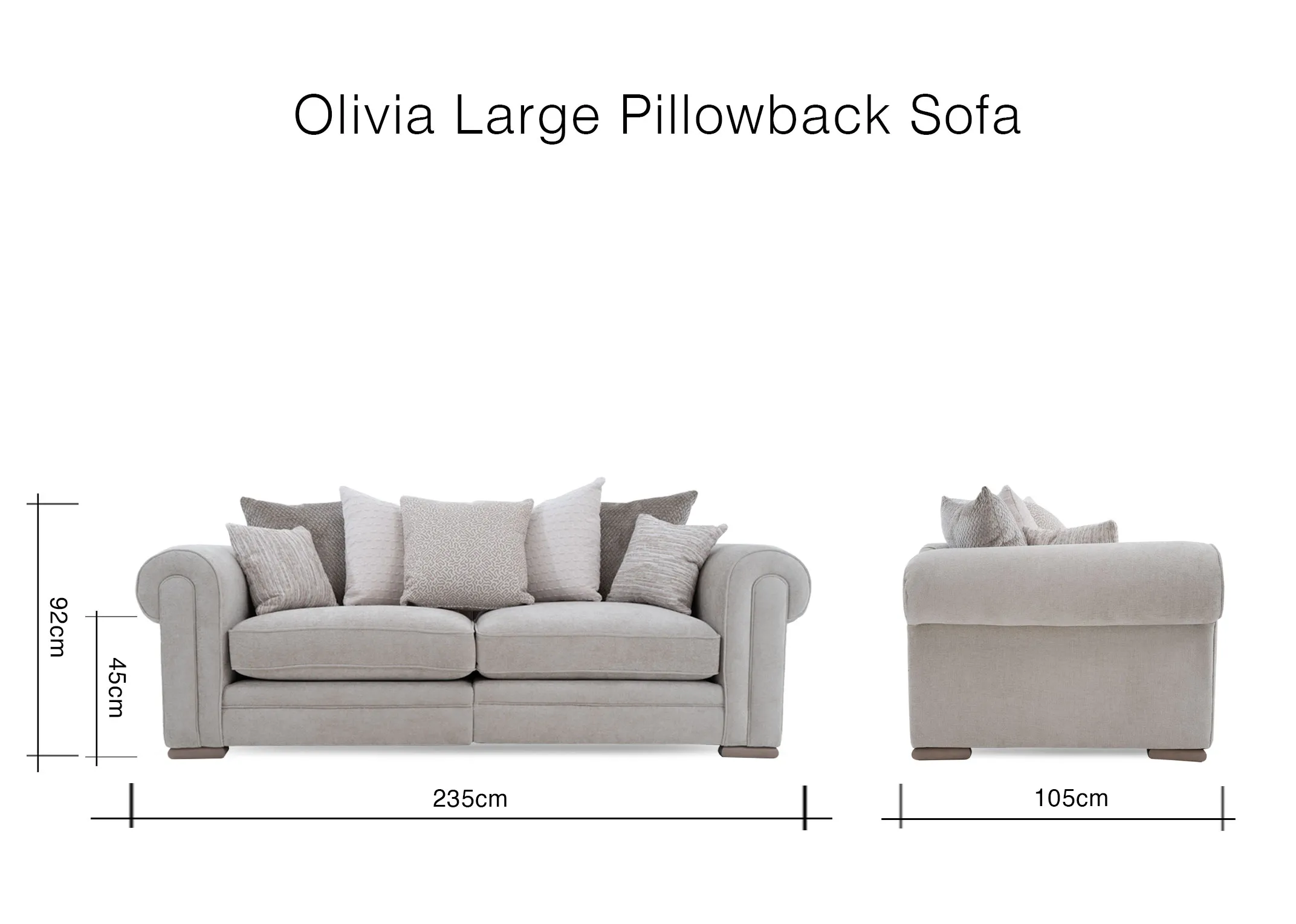 A dimension image of the Olivia large pb sofa with 235cm x 105cm x 92cm