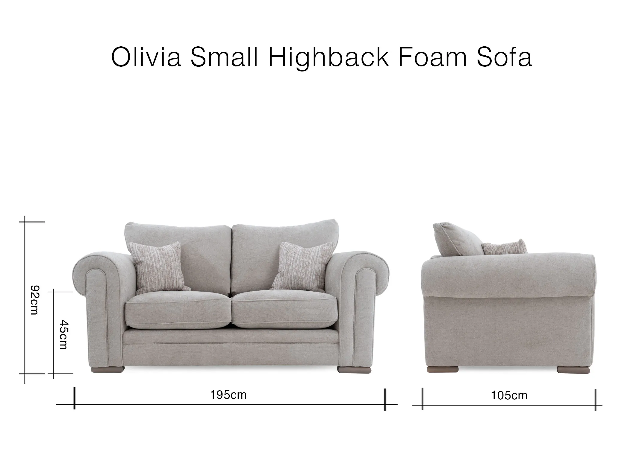 A dimension image of the Olivia small sofa with 195cm x 105cm x 92cm