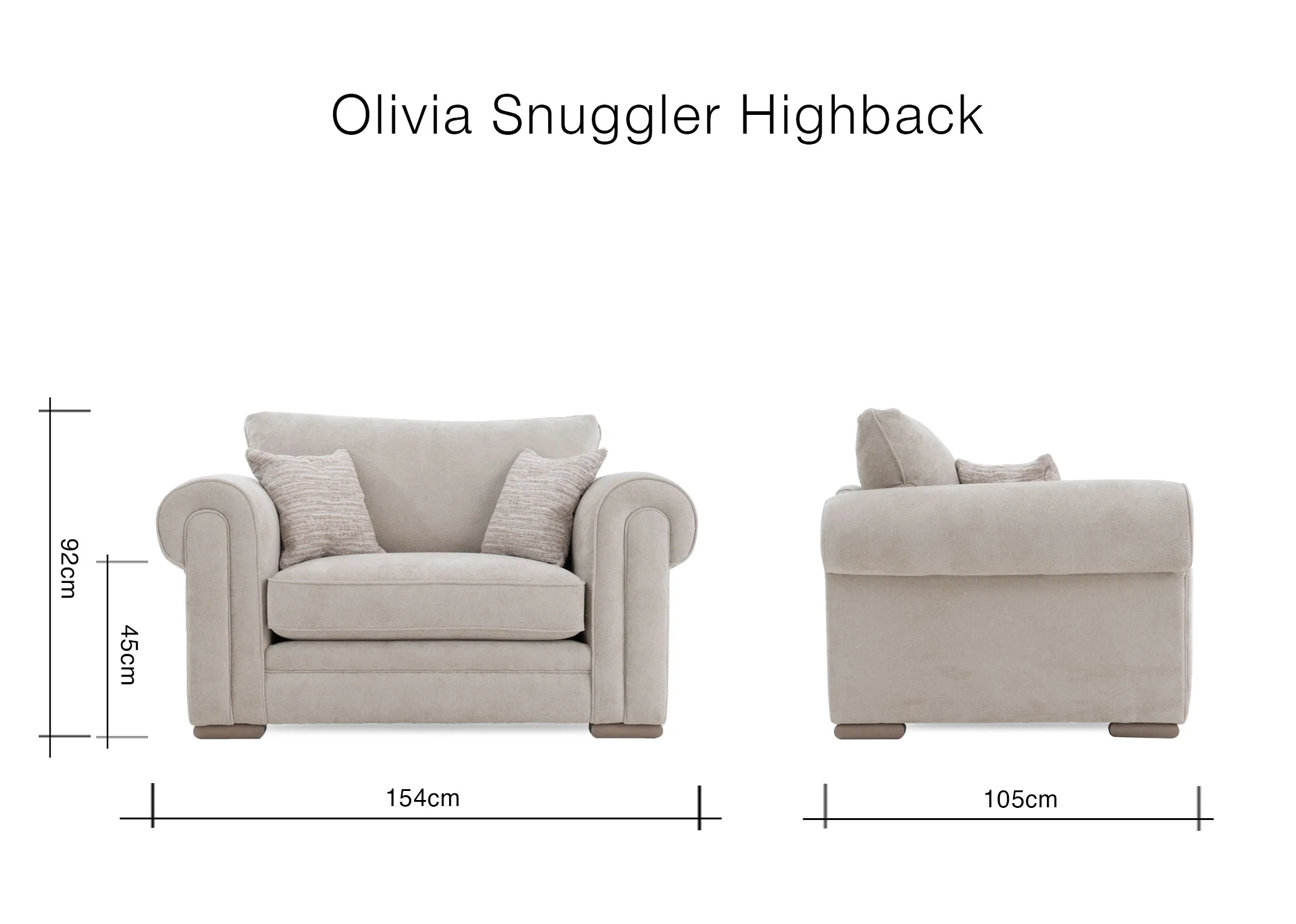 A dimension image of the Olivia Snuggler with 154cm x 105cm x 92cm