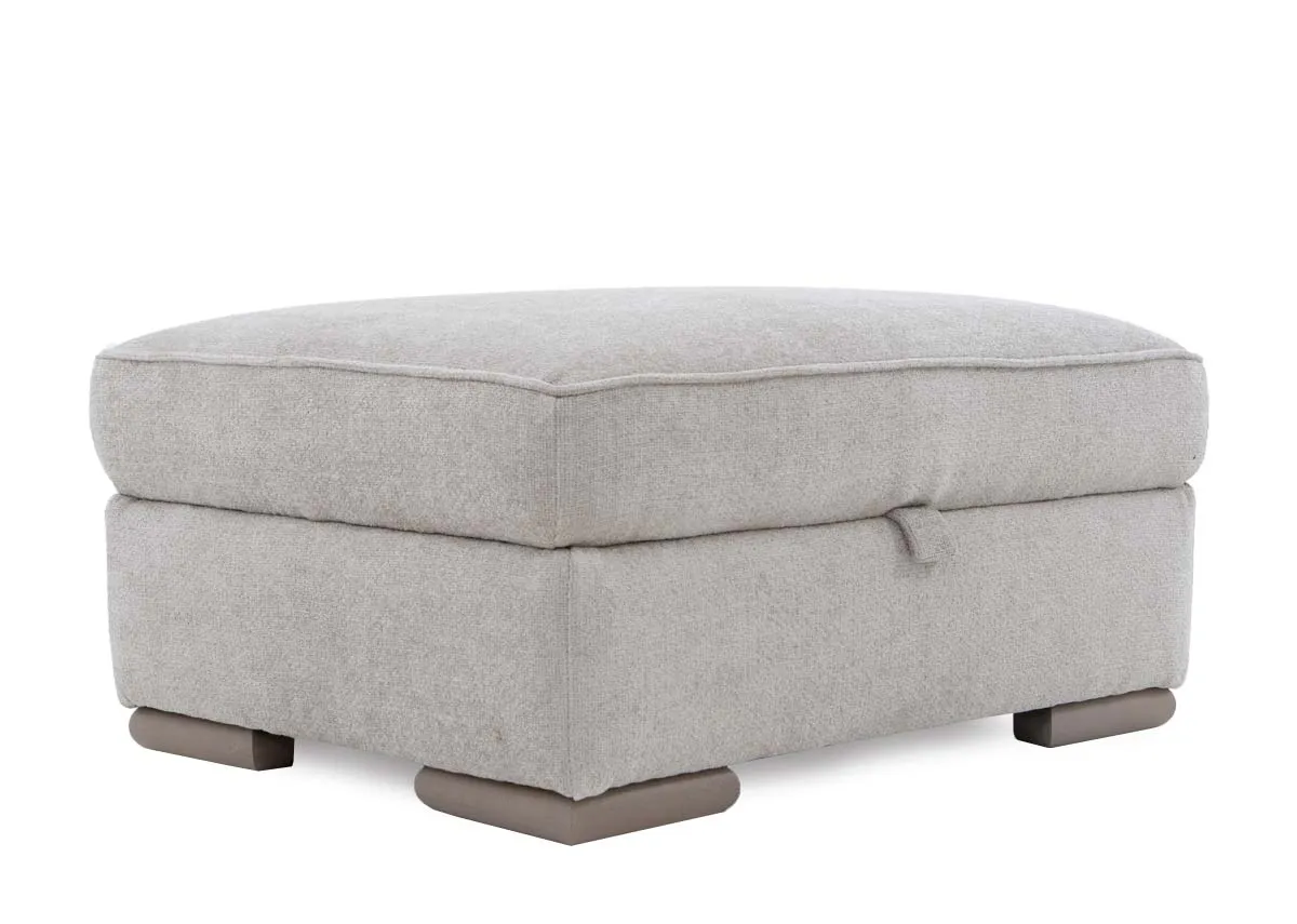 A beige rectangular footstool from EZ Livings Olivia range. Angled view of storage lift tab.