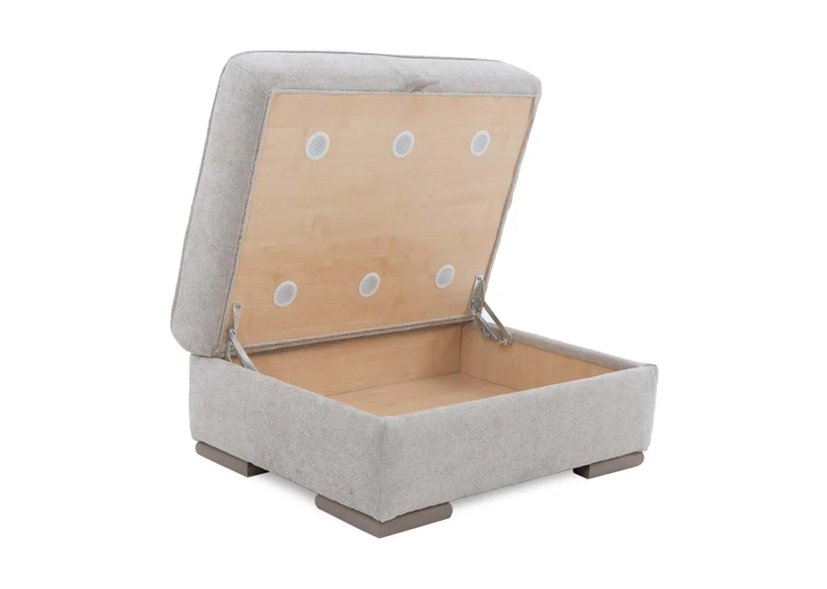 A beige rectangular footstool from EZ Livings Olivia rangeAngled view of top open.