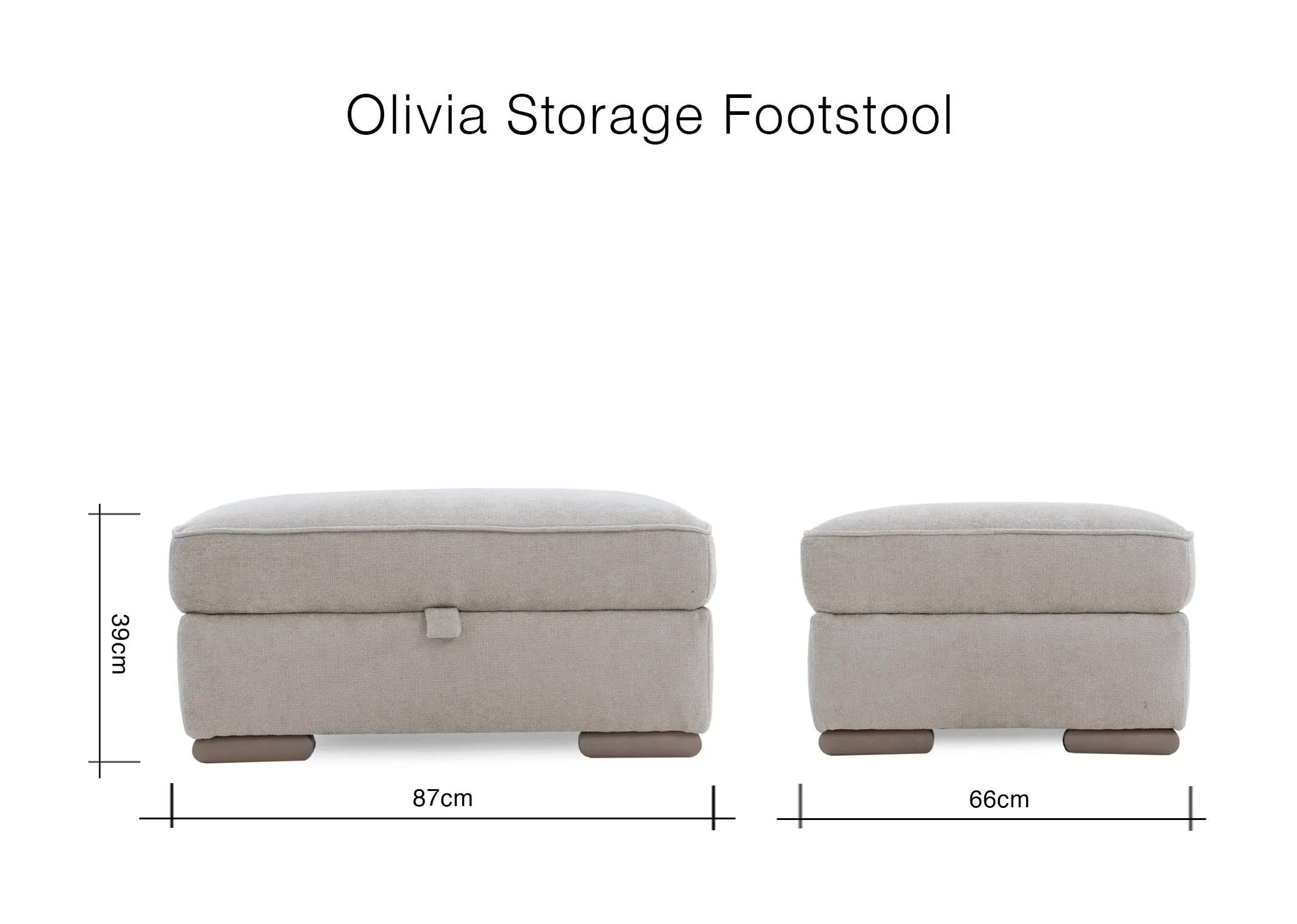 A dimension image of the Olivia footstool with 87cm x 66cm x 39cm