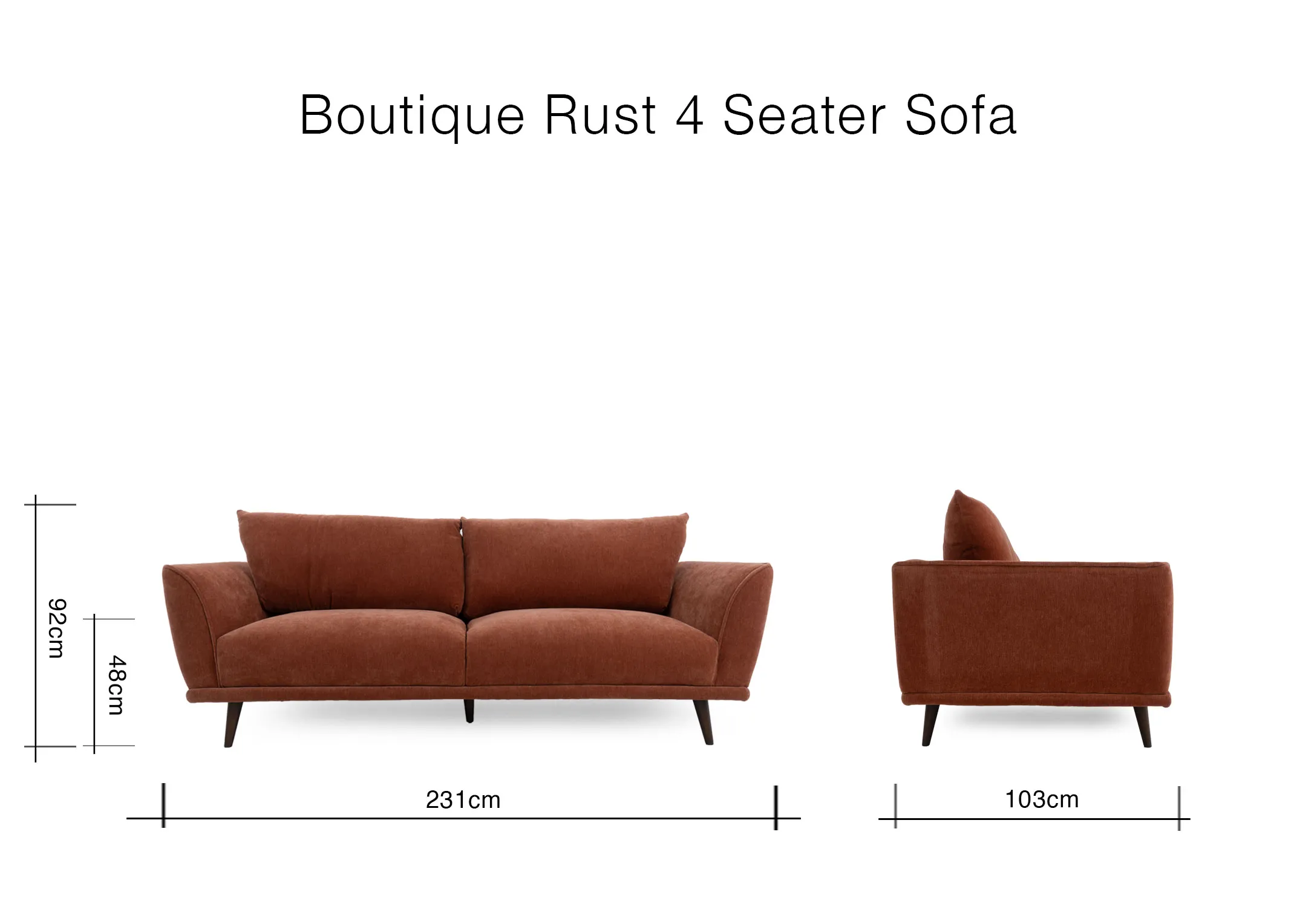 Front view of the rust colored 4 seater Boutique with 231cm x 100cm x 92cm