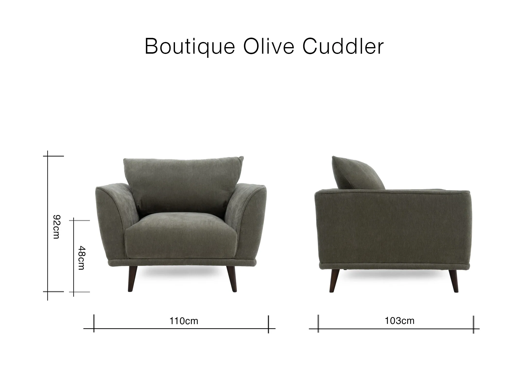Front view of the Boutique olive green cuddler with 110cm x 103cm x 92cm 