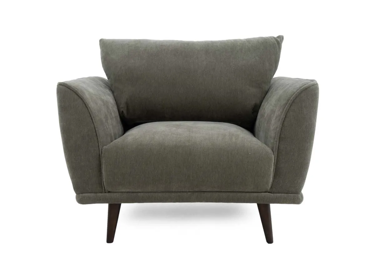Cuddler armchair in olive green fabric presented from a straight on front view with a single seat cushion.