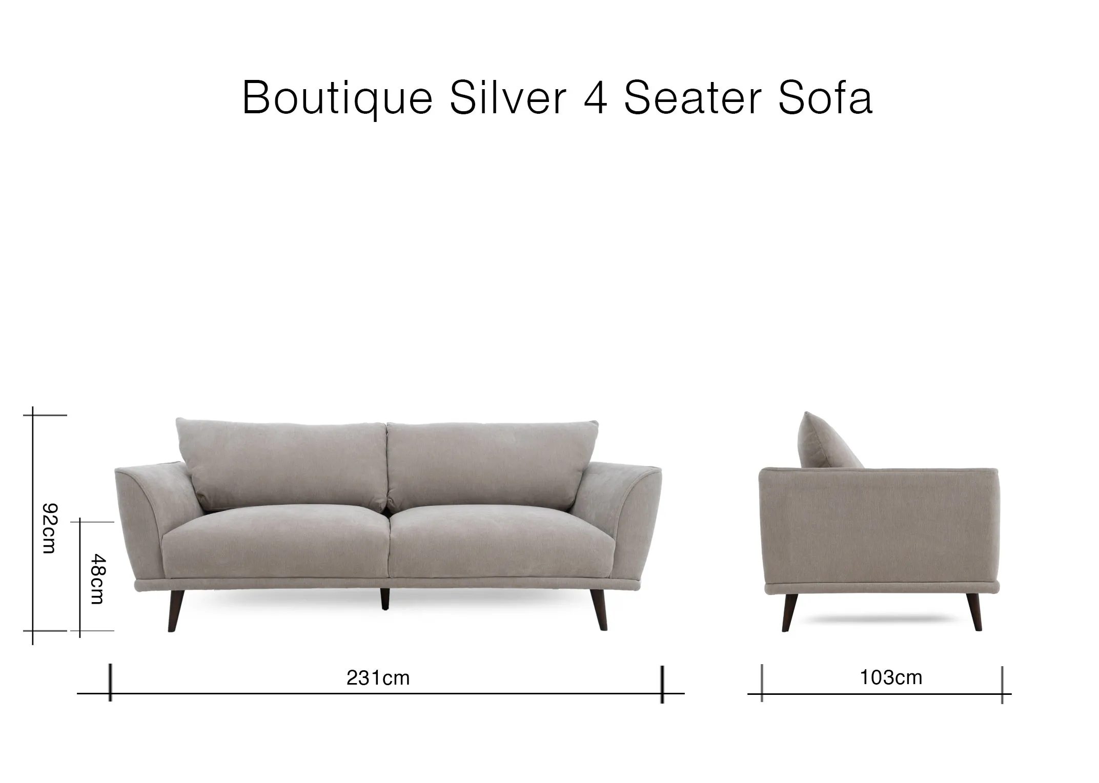 A dimension image of the Boutique 4 Seater sofa with 231cm x 103cm x 92cm