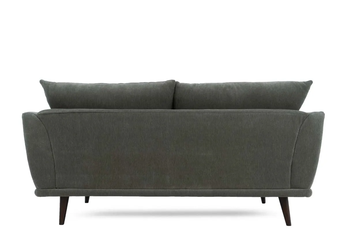 Two seater sofa in olive green fabric showing the back and two back cushions.