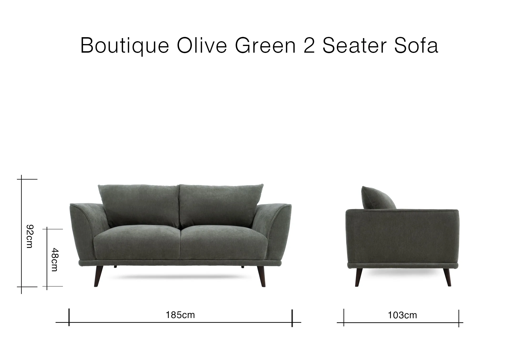 Front view of the Boutique sofa with 185cm x 103cm x 92cm