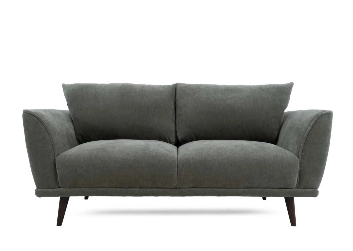Two seater sofa in olive green fabric presented from a straight on front view with two seat and two back cushions.