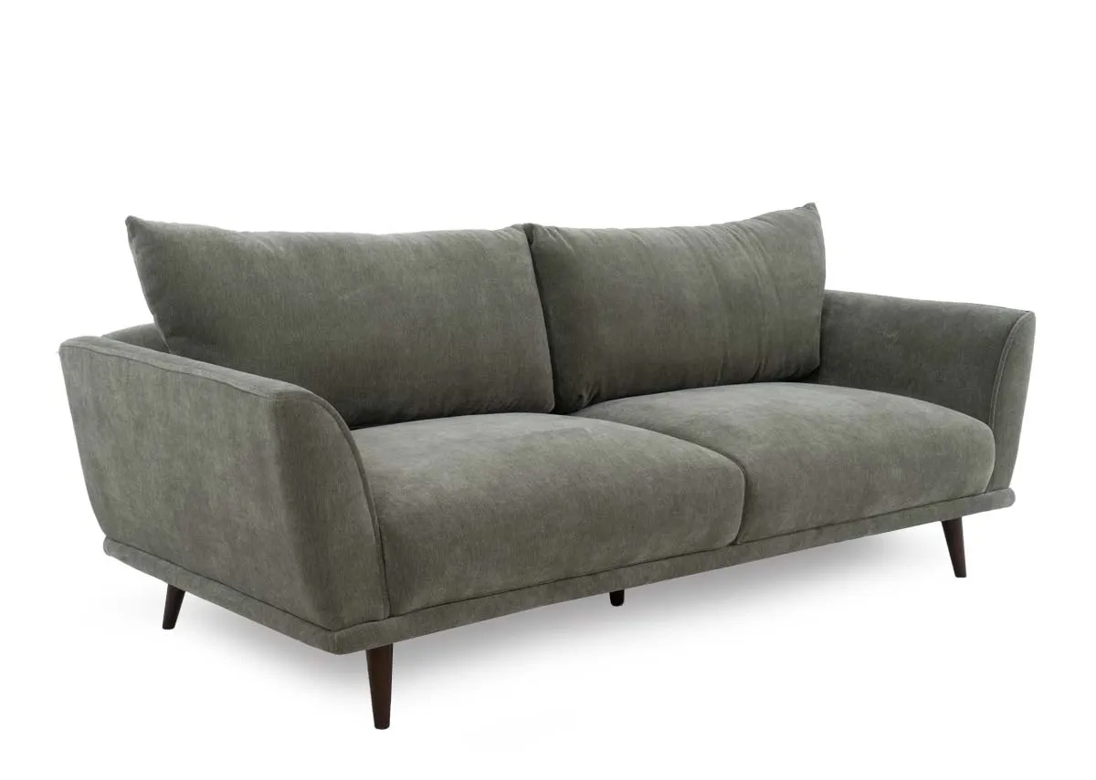 Four seater sofa in olive green fabric viewed from a slight right angle showing the armrests and two seat cushions.