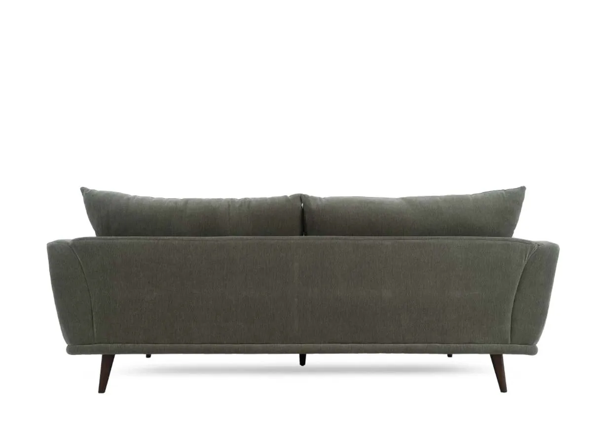 Four seater sofa in olive green fabric showing the back and two back cushions.