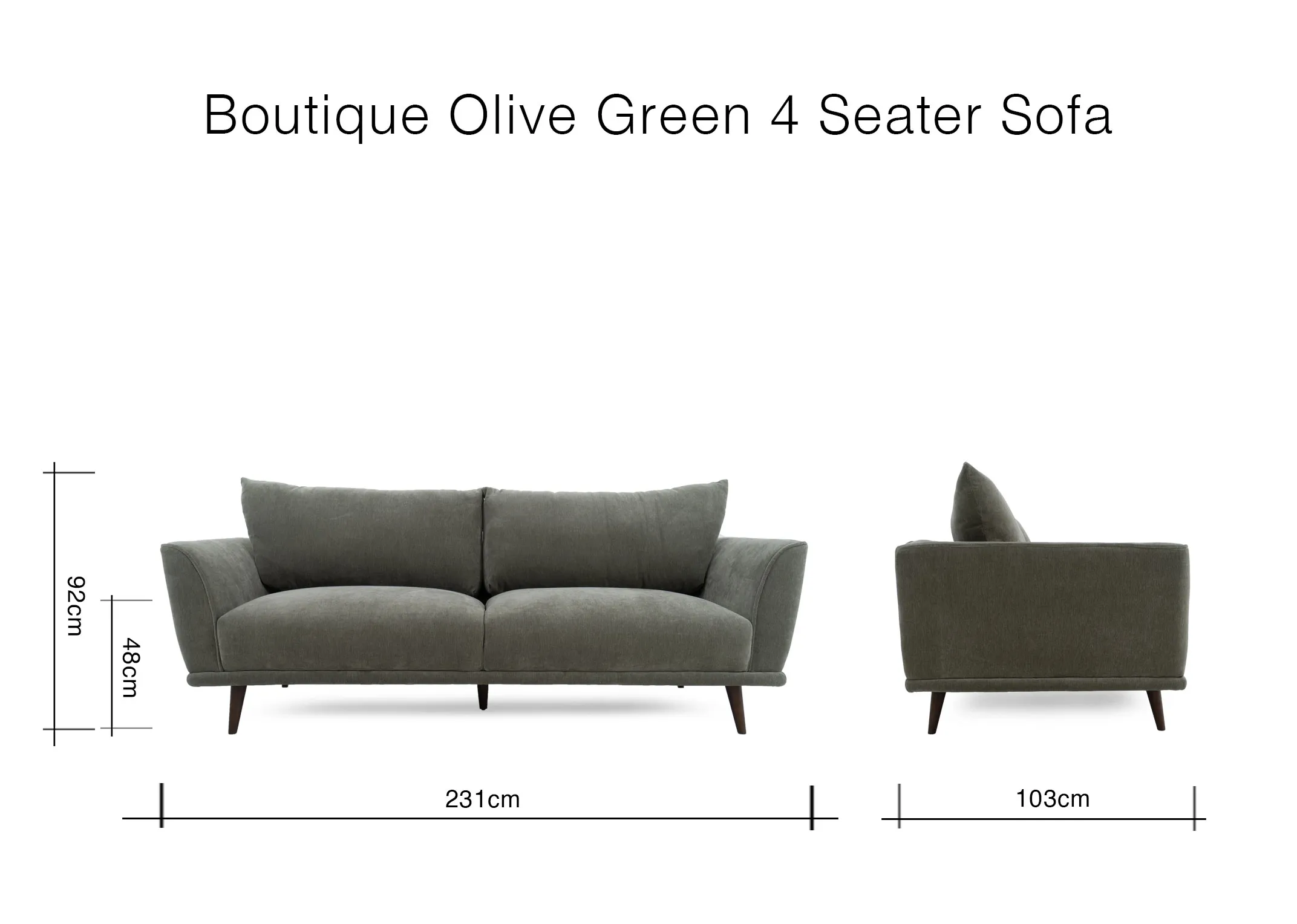 A dimension image of the Boutique 4 Seater sofa with 231cm x 103cm x 92cm