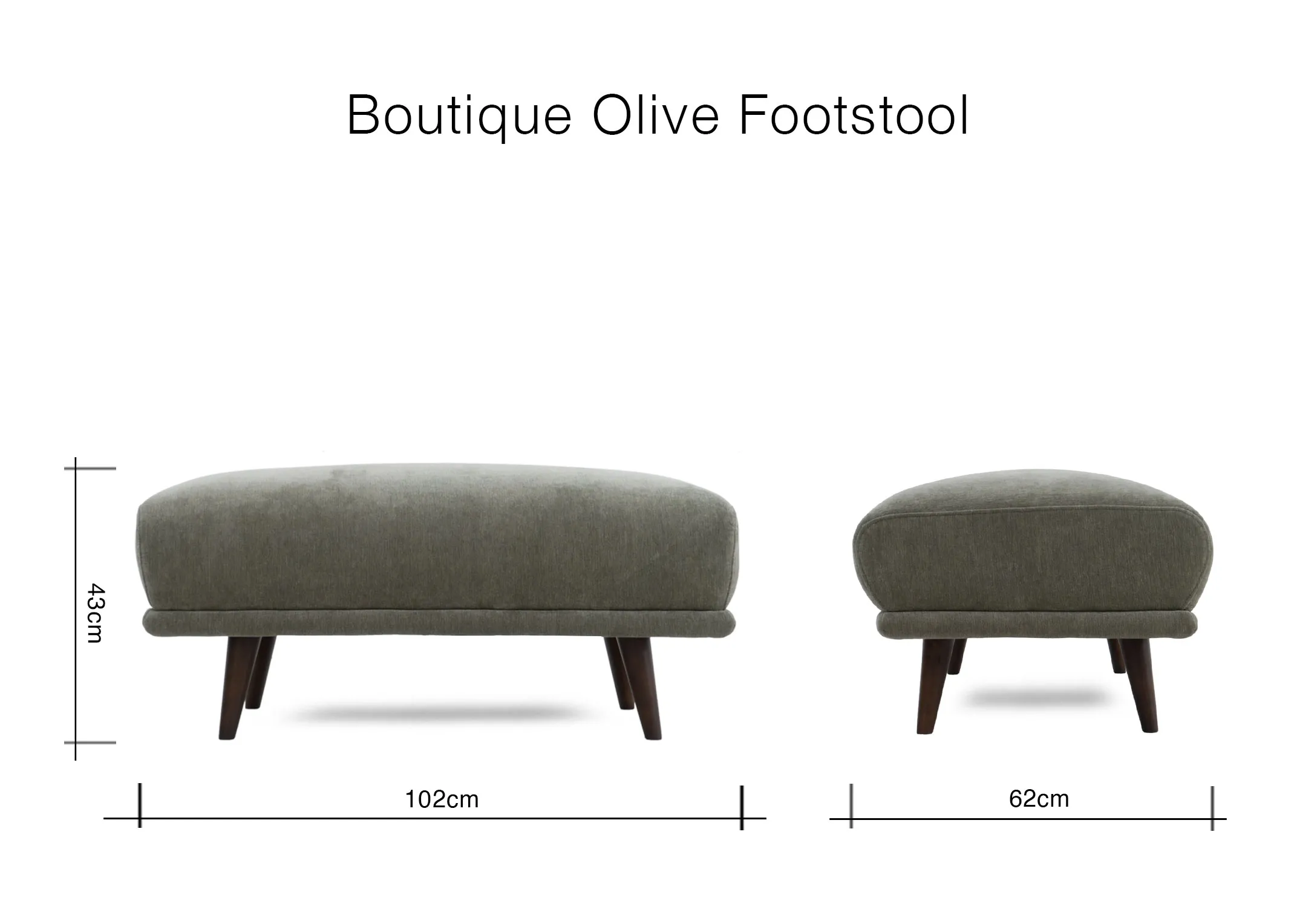 Front view of the olive green footstool with 102cm x 62cm x 43cm