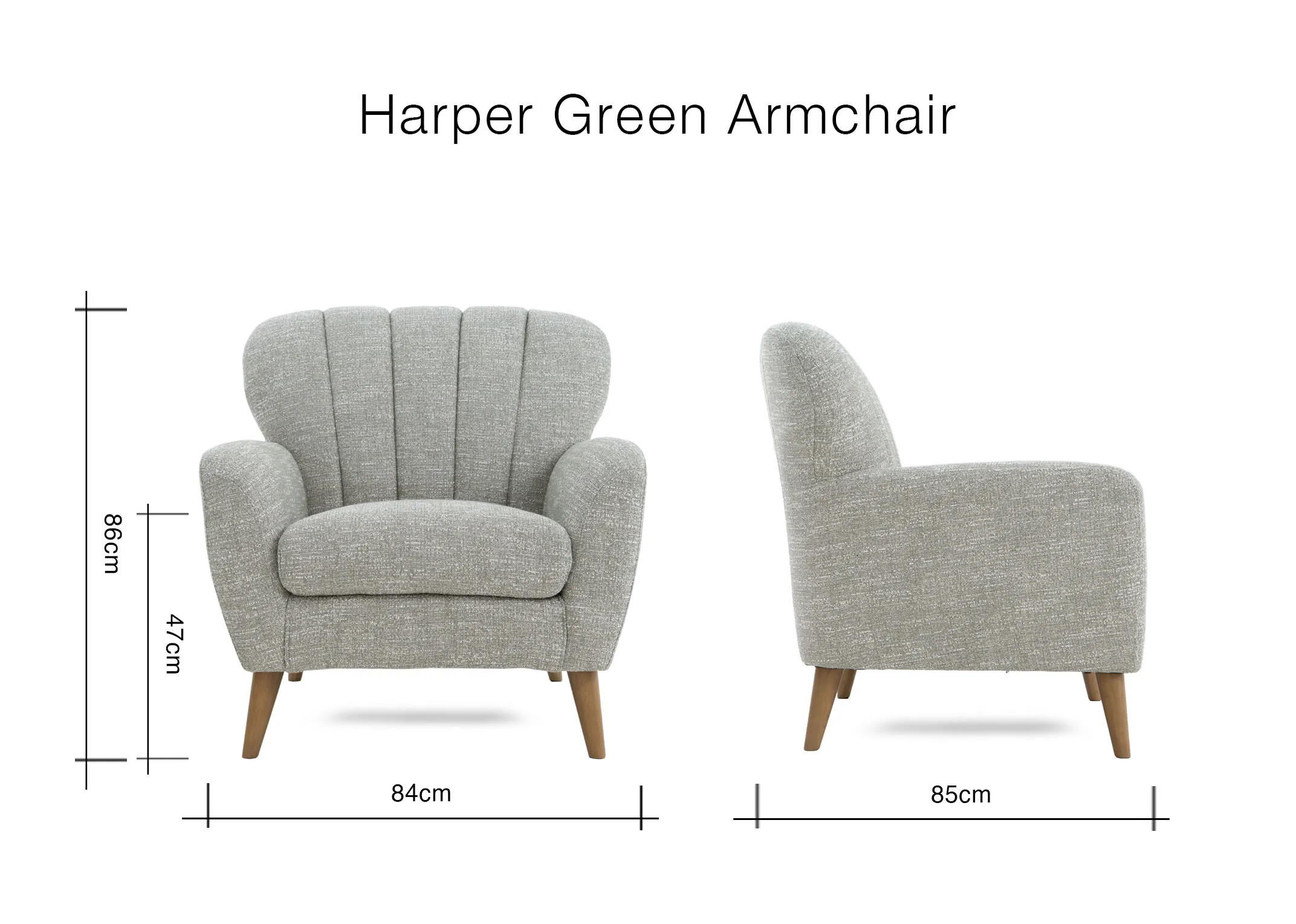 A dimension image of the Harper armchair with 84cm x 85cm x 86cm
