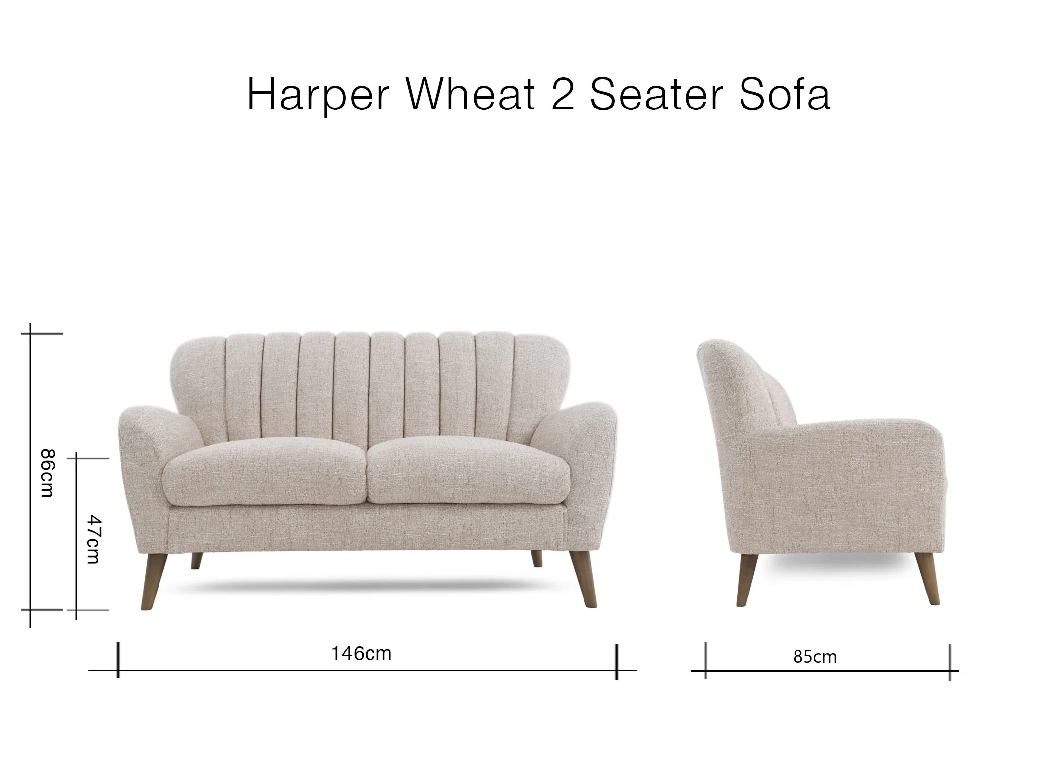 A dimension image of the Harper 2 Seater sofa with 146cm x 86cm x 85cm