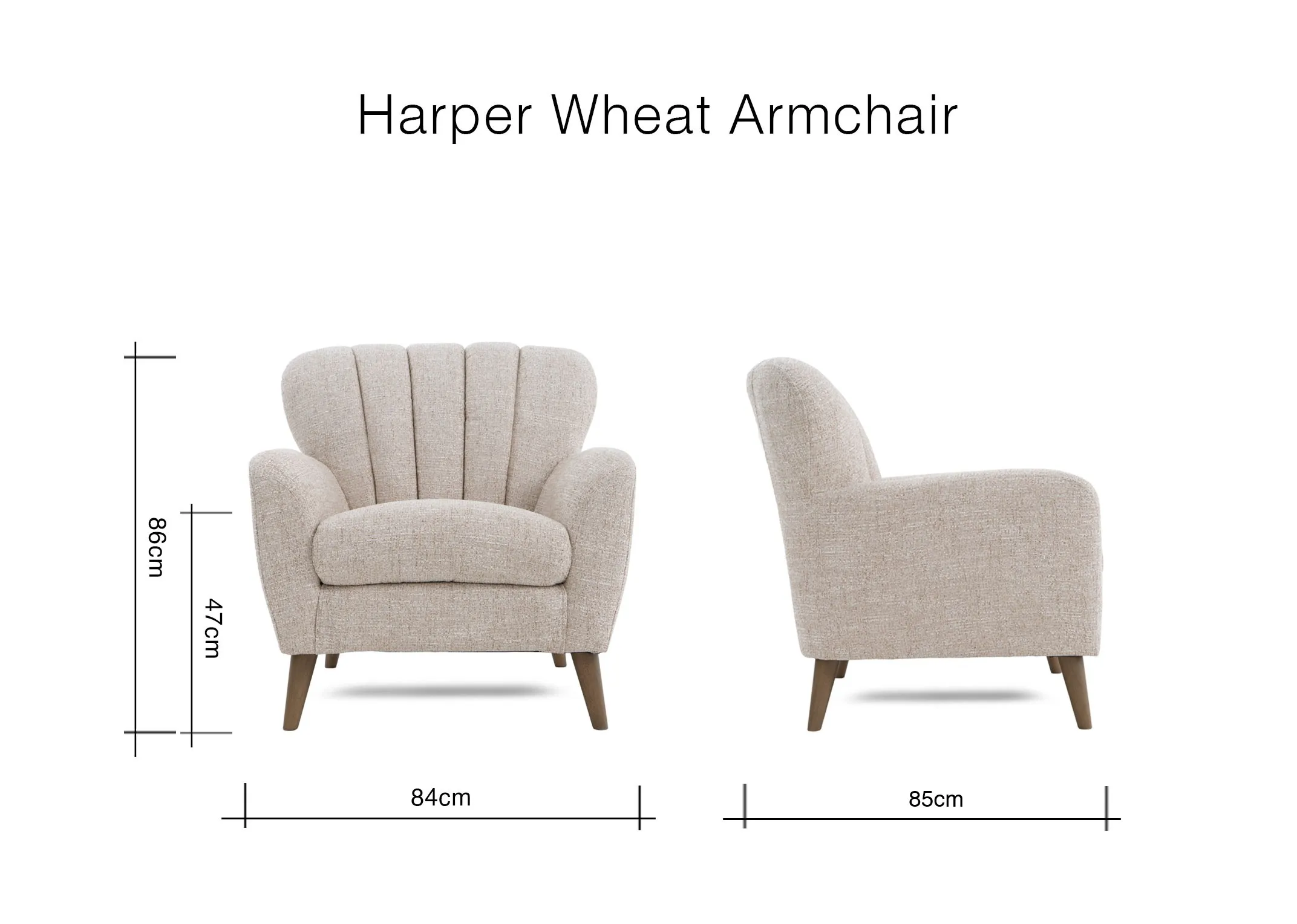 A dimension image of the Harper Armchair with 84cm x 85cm x 86cm