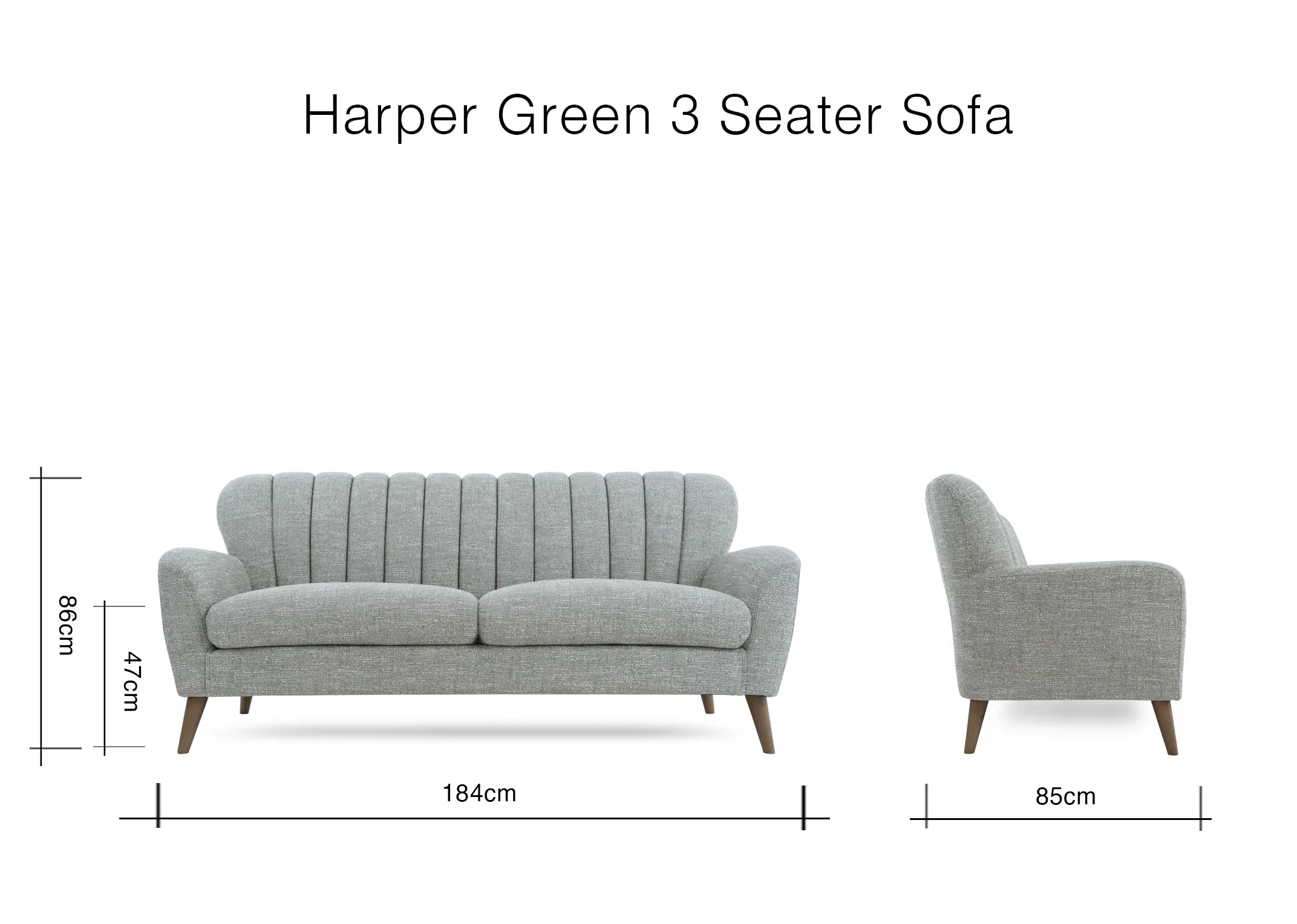 A dimension image of the Harper 3 seater soaf with 184cm x 86cm x 85cm
