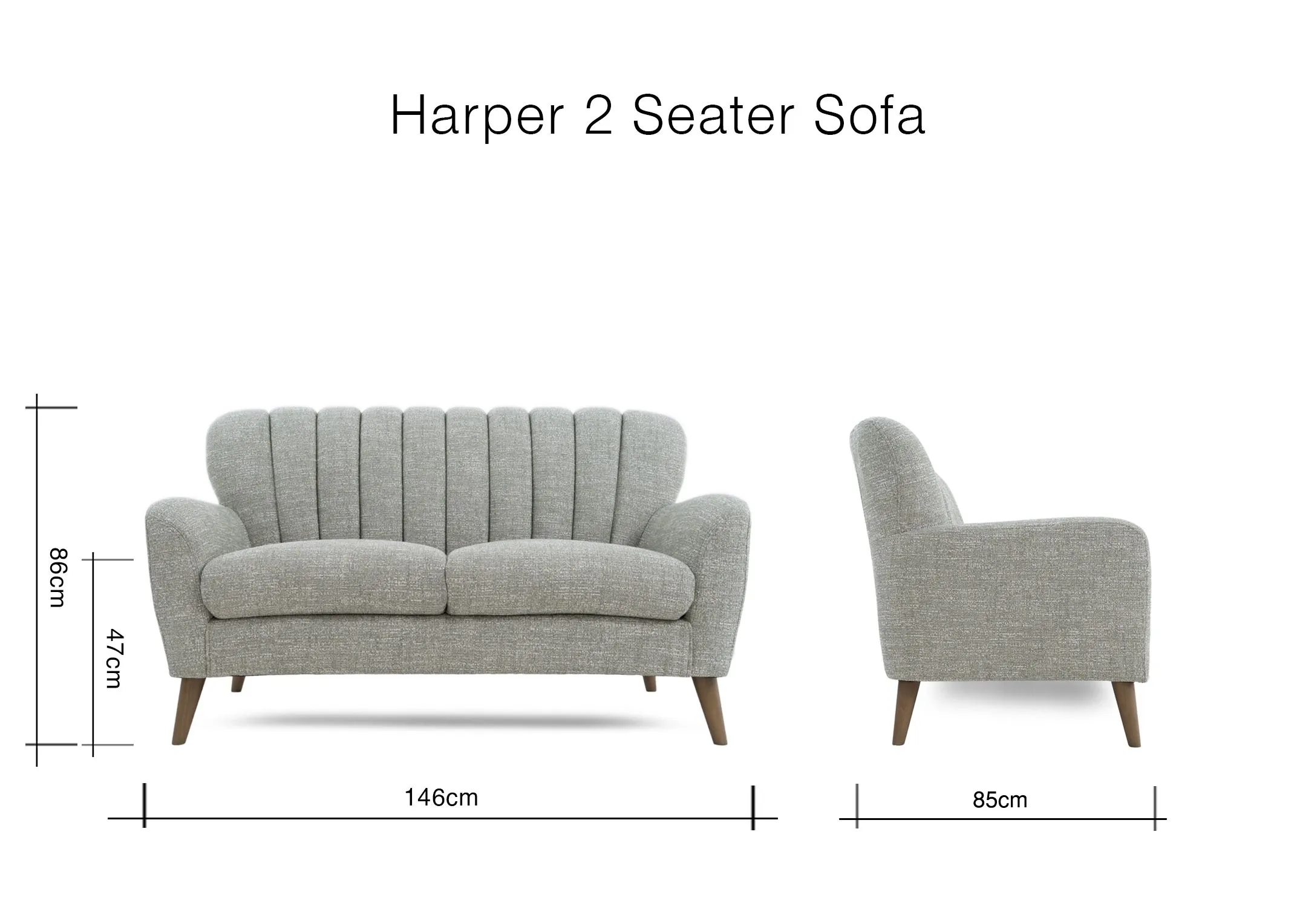 A dimension image of the Harper 2 Seater sofa with 146cm width x 85cm depth x 86cm Height