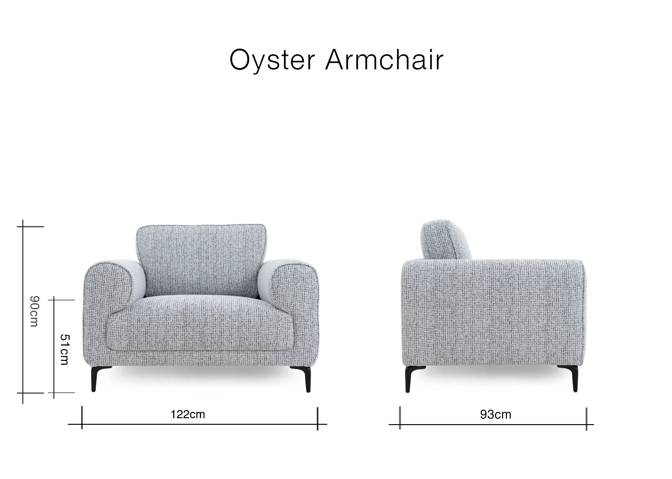 A dimension image of the Oyster Armchair with 122cm x 90cm x 93cm