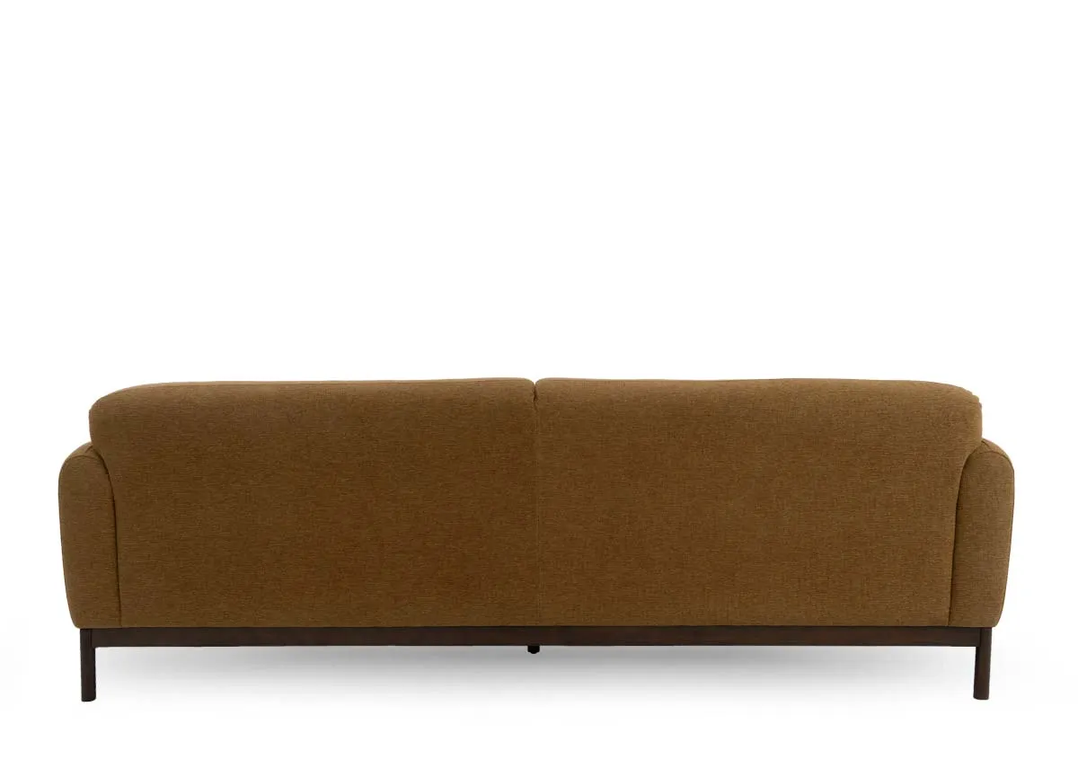 A mustard gold fabric 3 seater sofa from EZ Livings Loft range.Back view of long slim back frame