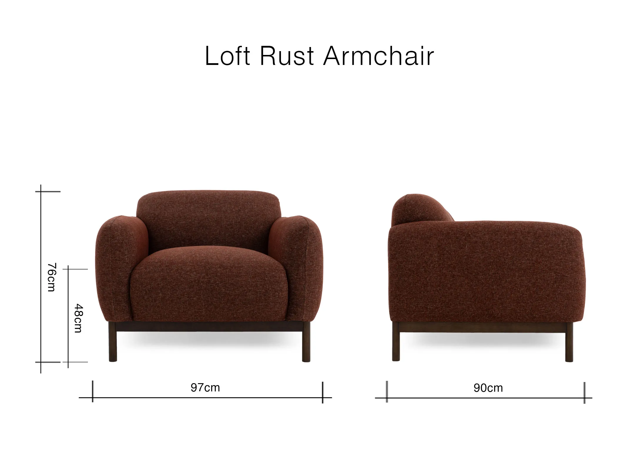A dimension image of the Loft Rust Armchair with 97cm x 90cm x 76cm