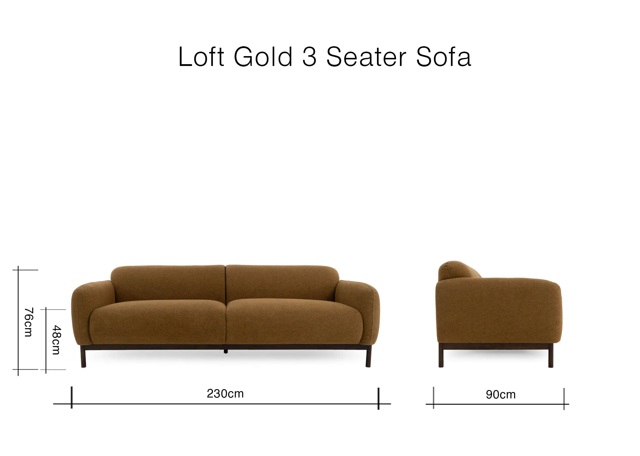 A dimension image of the Loft Gold 3 seater with 230cm x 90cm x 76cm