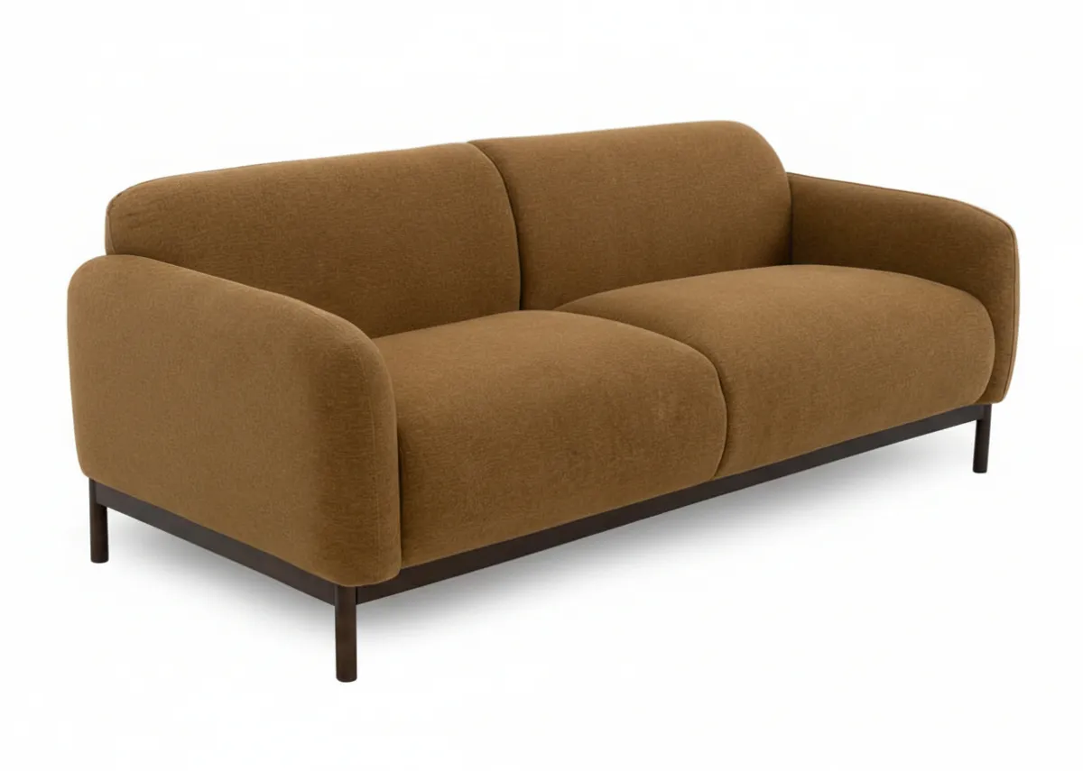 A mustard gold 3 seater sofa from EZ Living Furnitures Loft range. Angled view.
