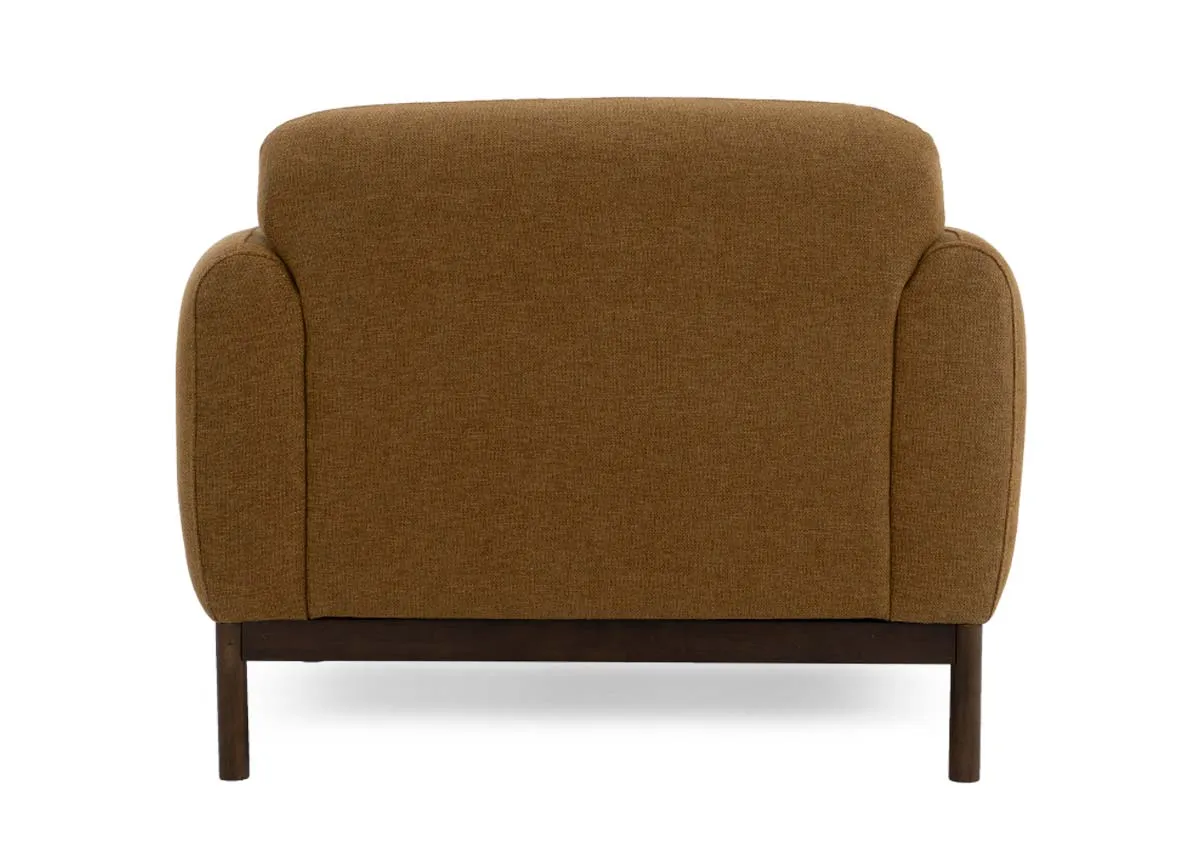 A gold mustard fabric armchair from EZ Livings Loft range.Back view of wide frame.