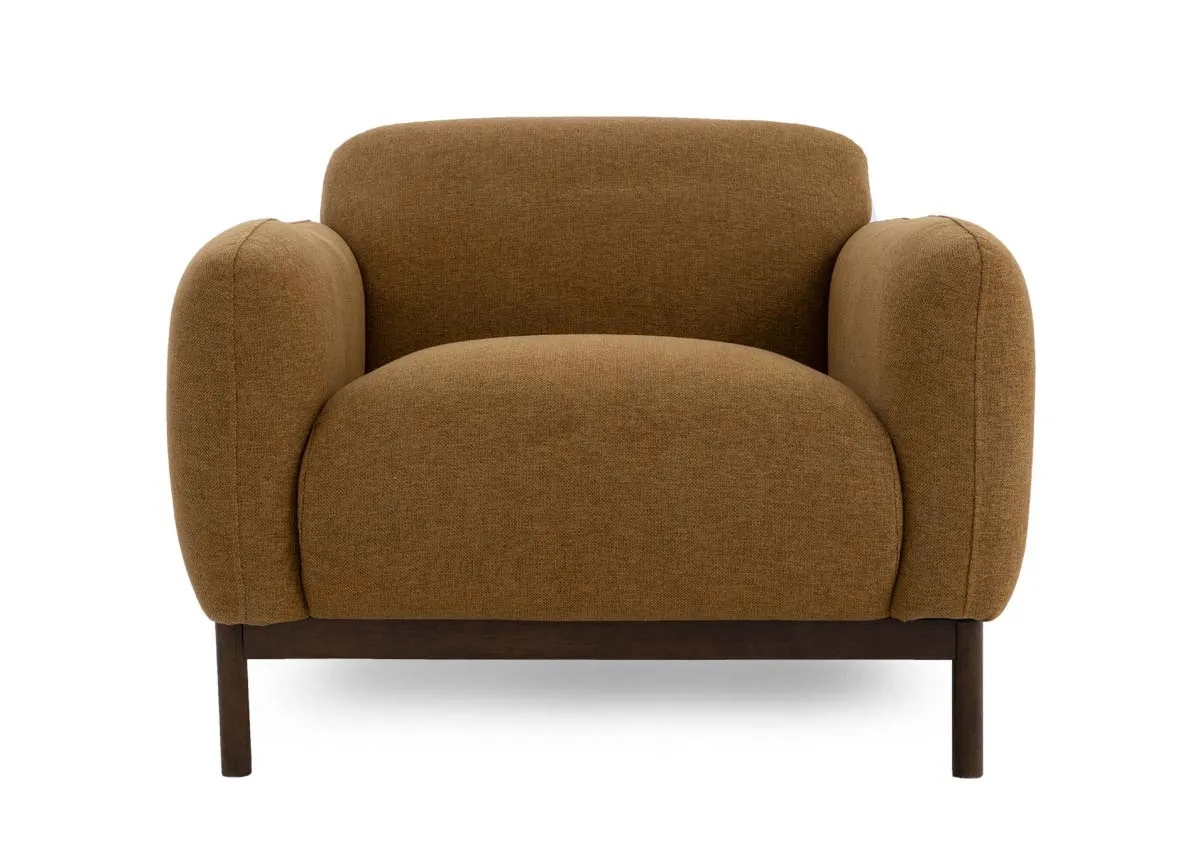 A gold mustard fabric armchair from EZ Livings Loft range.Front view of foam padded seat and wide back