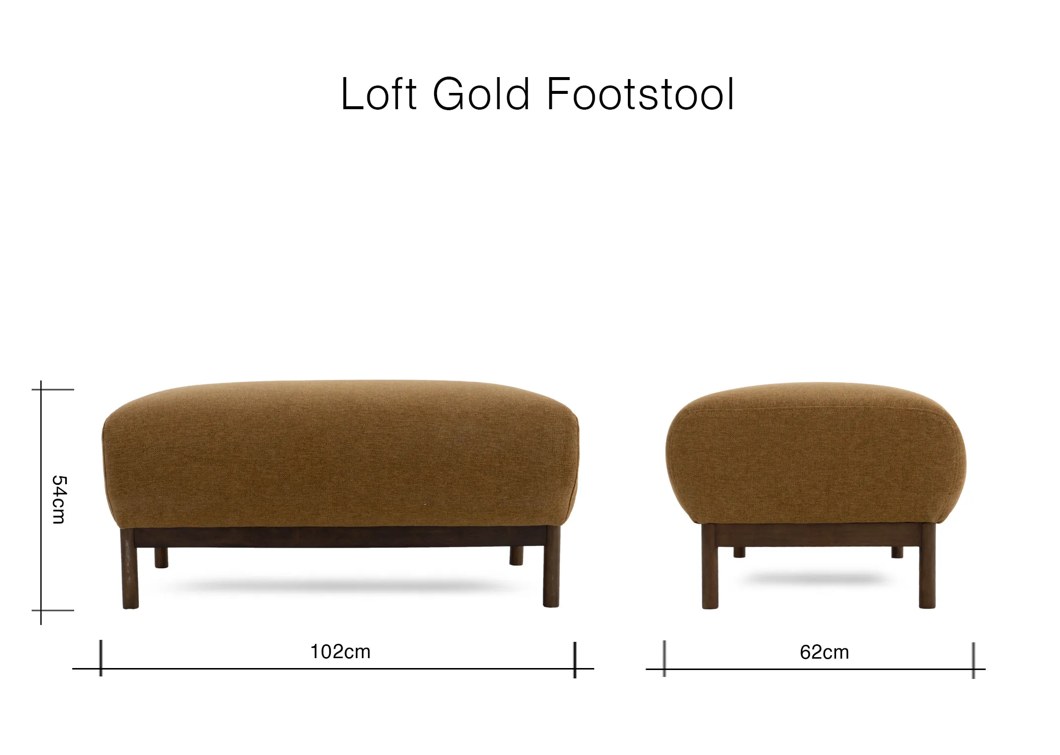 A dimension image of the Loft Gold Footstool with 102cm x 62cm x 45cm
