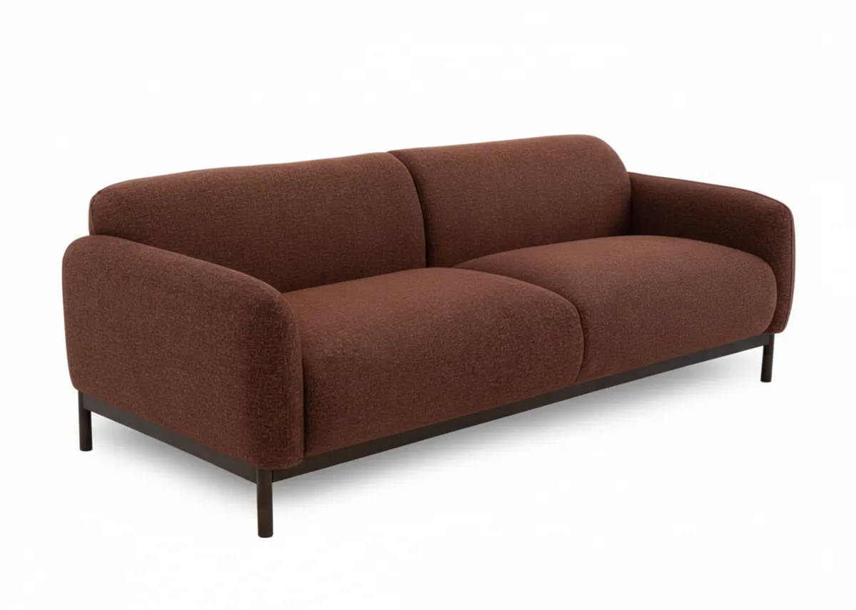 A brick rust fabric 3 seater sofa from EZ Living Furnitures Loft range. Angled view.