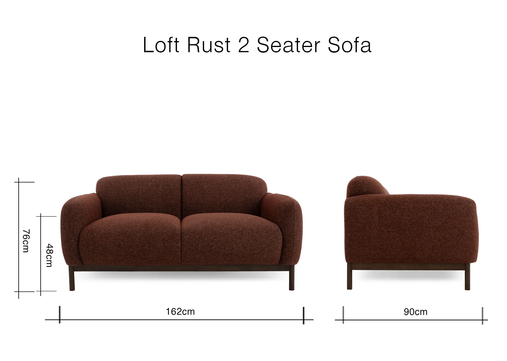A dimension image of the Loft 2 Seater sofa with 162cm x 90cm x 76cm