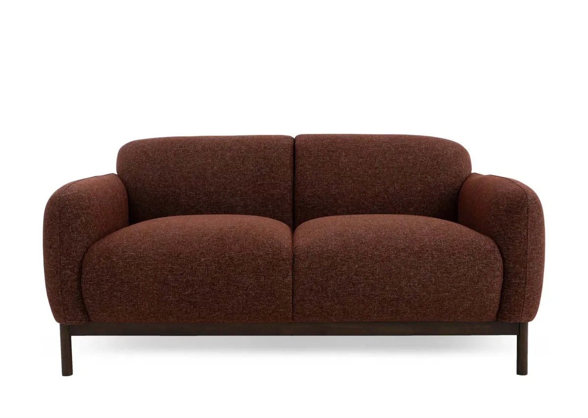 A 2 seater sofa in brick rust fabric from EZ Livings Loft range. Front view of dark walnut feet