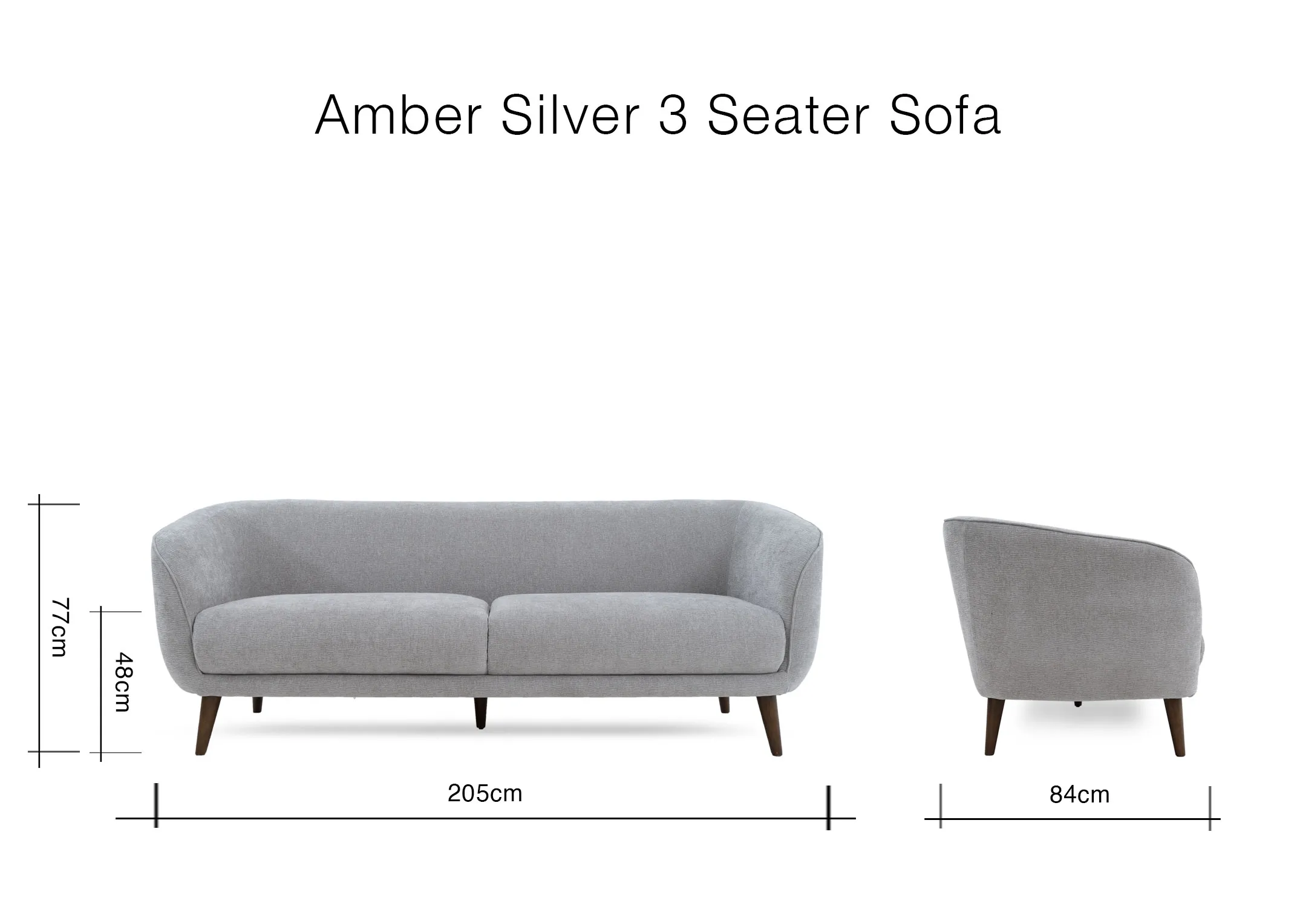 A dimension image of the Amber Silver Sofa with 205cm x 84cm x 77cm