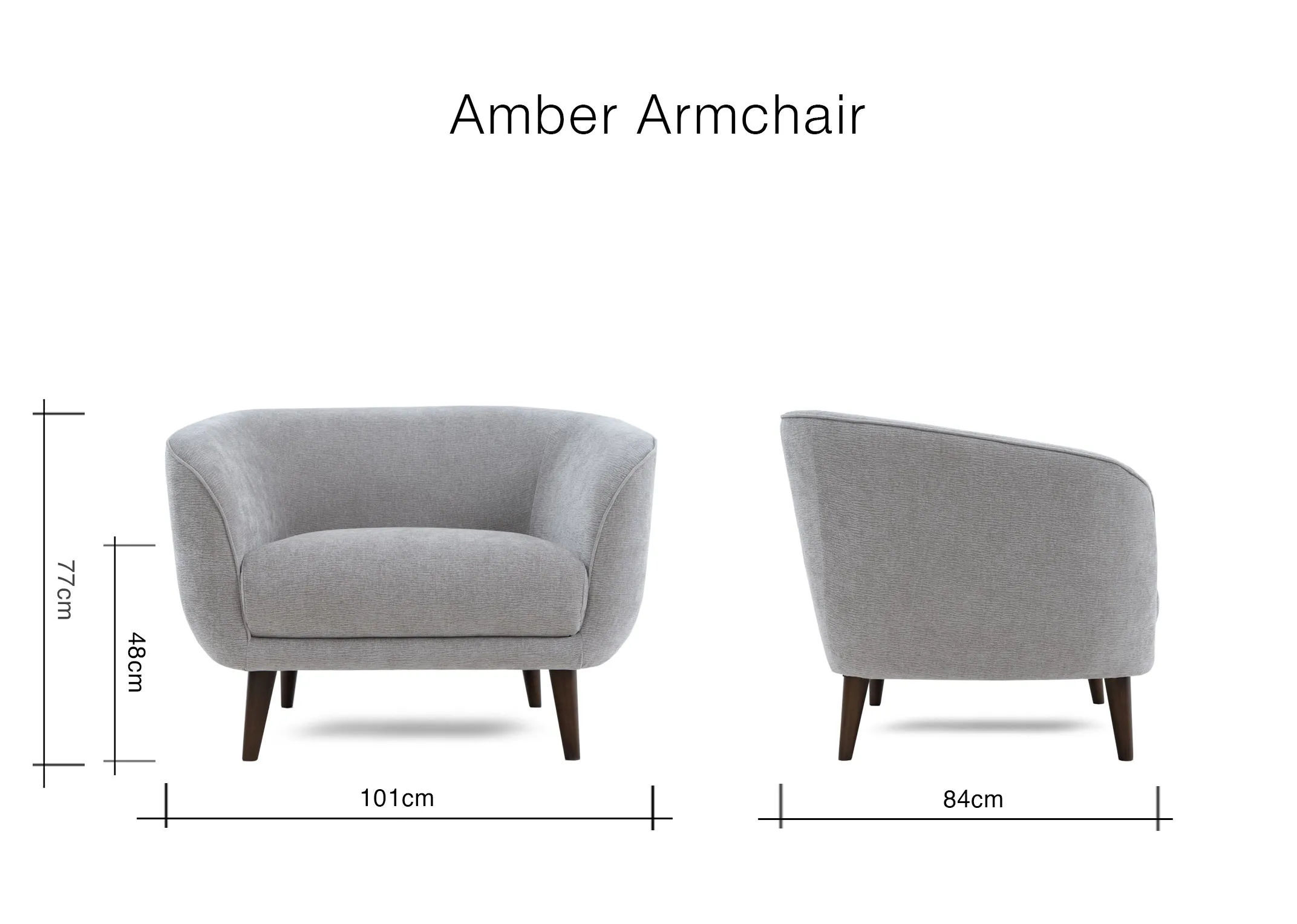 A dimension image of the Amber silver armchair with 101cm x 77cm x 84cm