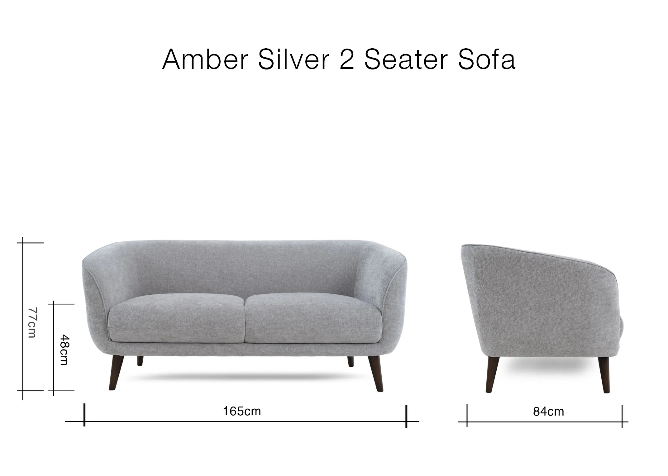 A dimension image of the Amber silver 2 seater sofa with 165cm x 77cm x 84cm