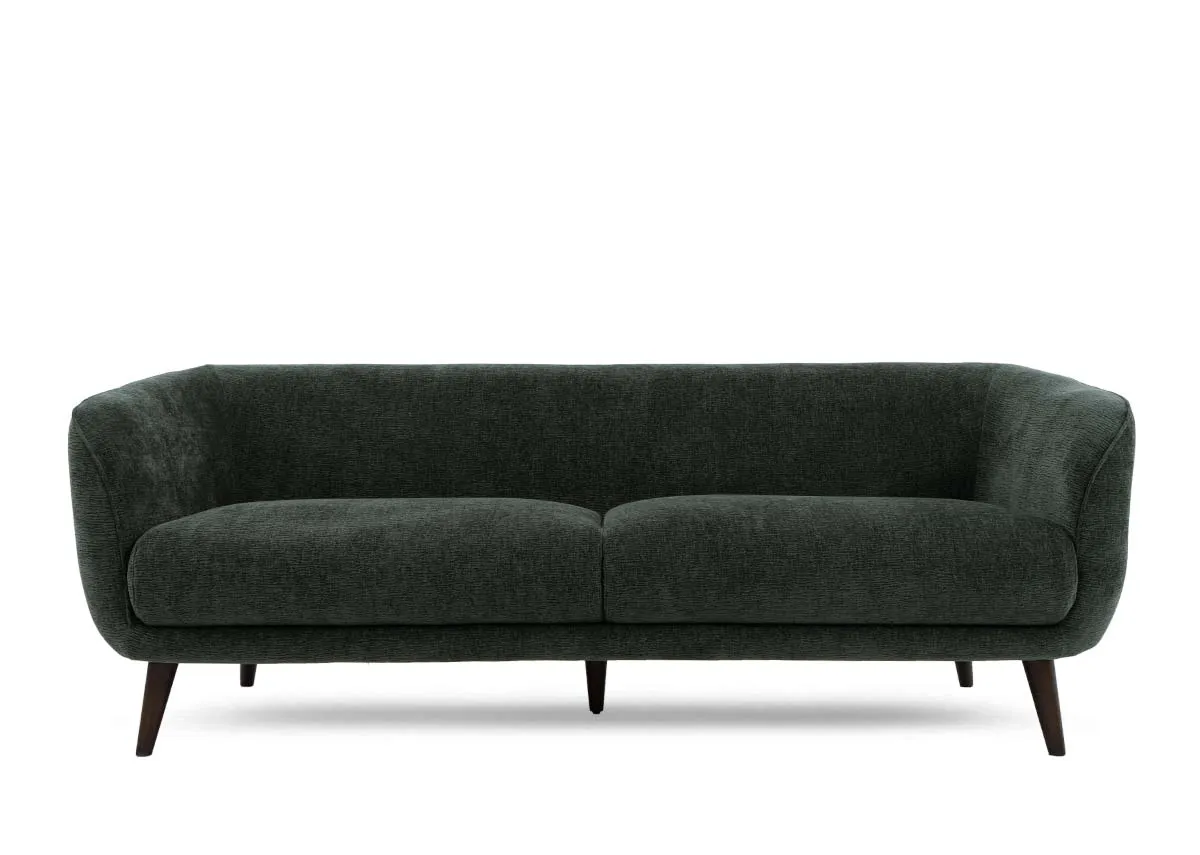 A green fabric 3 seater sofa from EZ Livings Amber range.Front view of low arms and curved back.