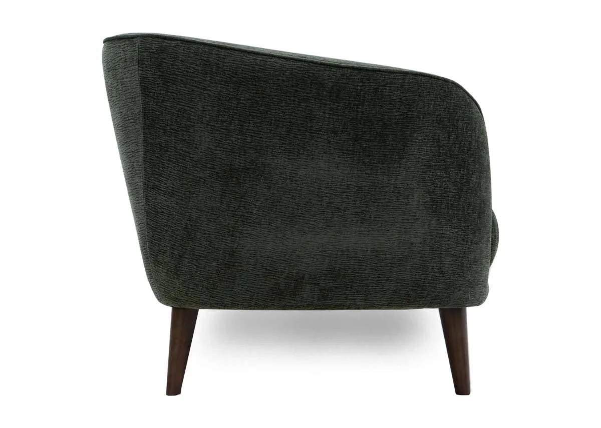 A green fabric 2 seater sofa from EZ Livings Amber range.Side view of curved back