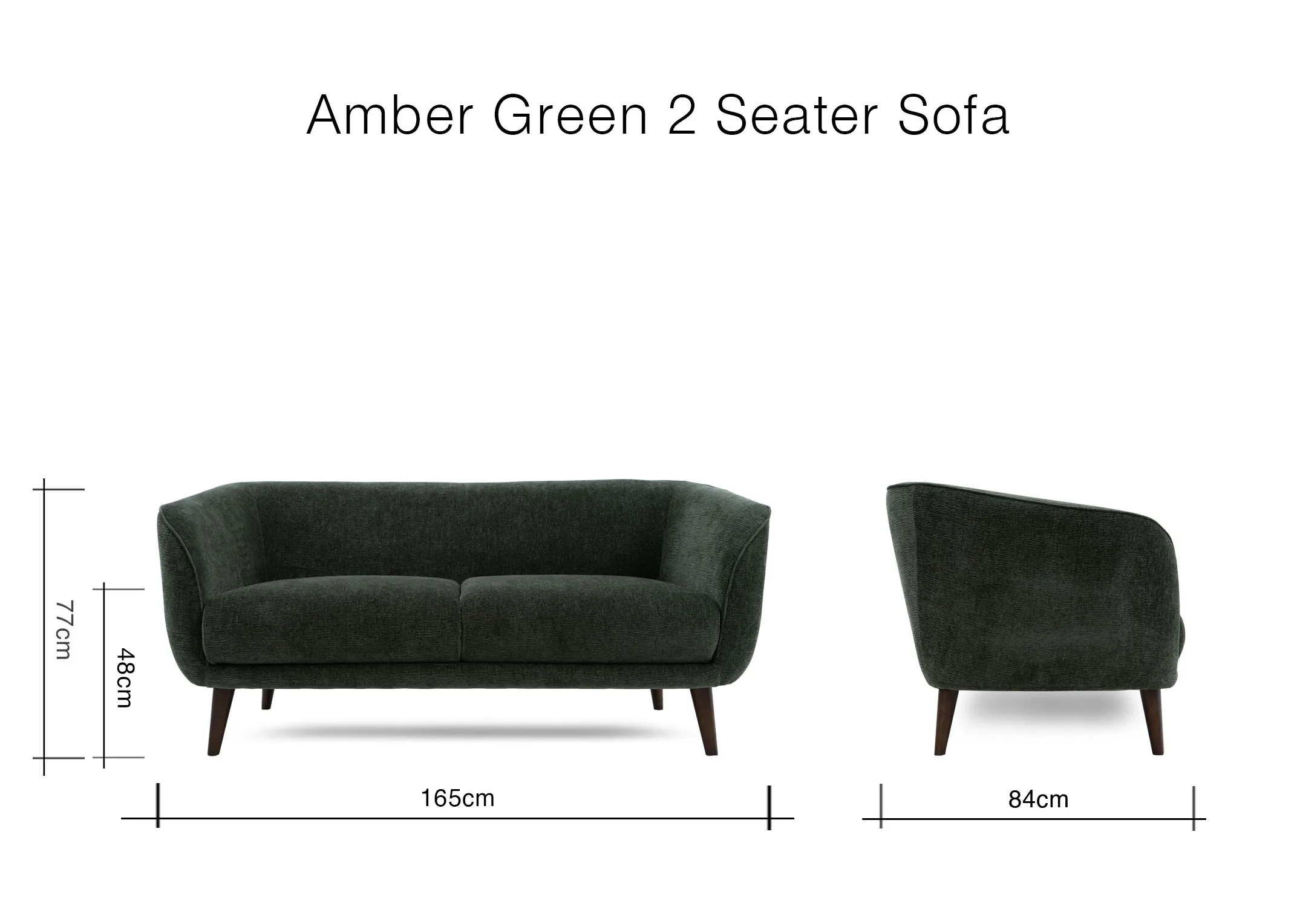 A dimension image of the Amber Green 2 seater sofa with 165cm x 77cm x 84cm