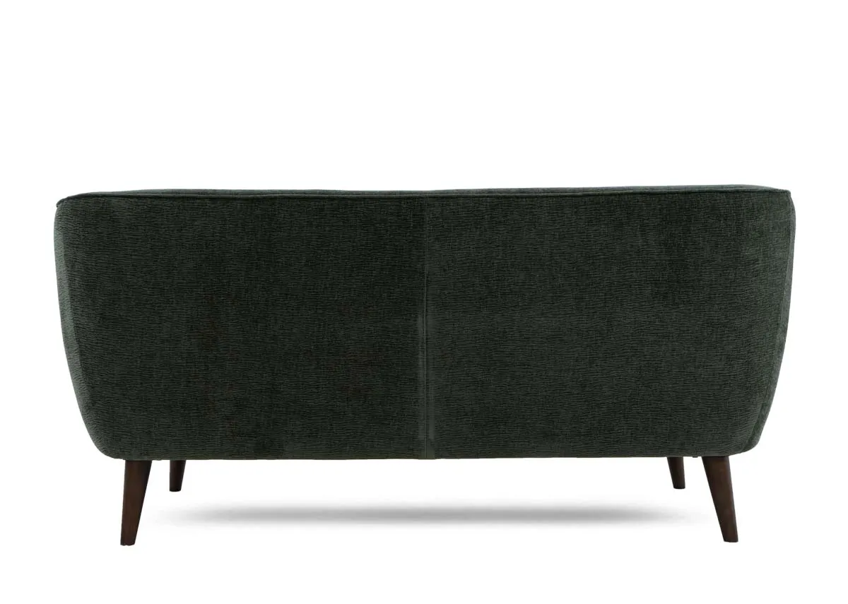 A green fabric 2 seater sofa from EZ Livings Amber range. Back view of low back